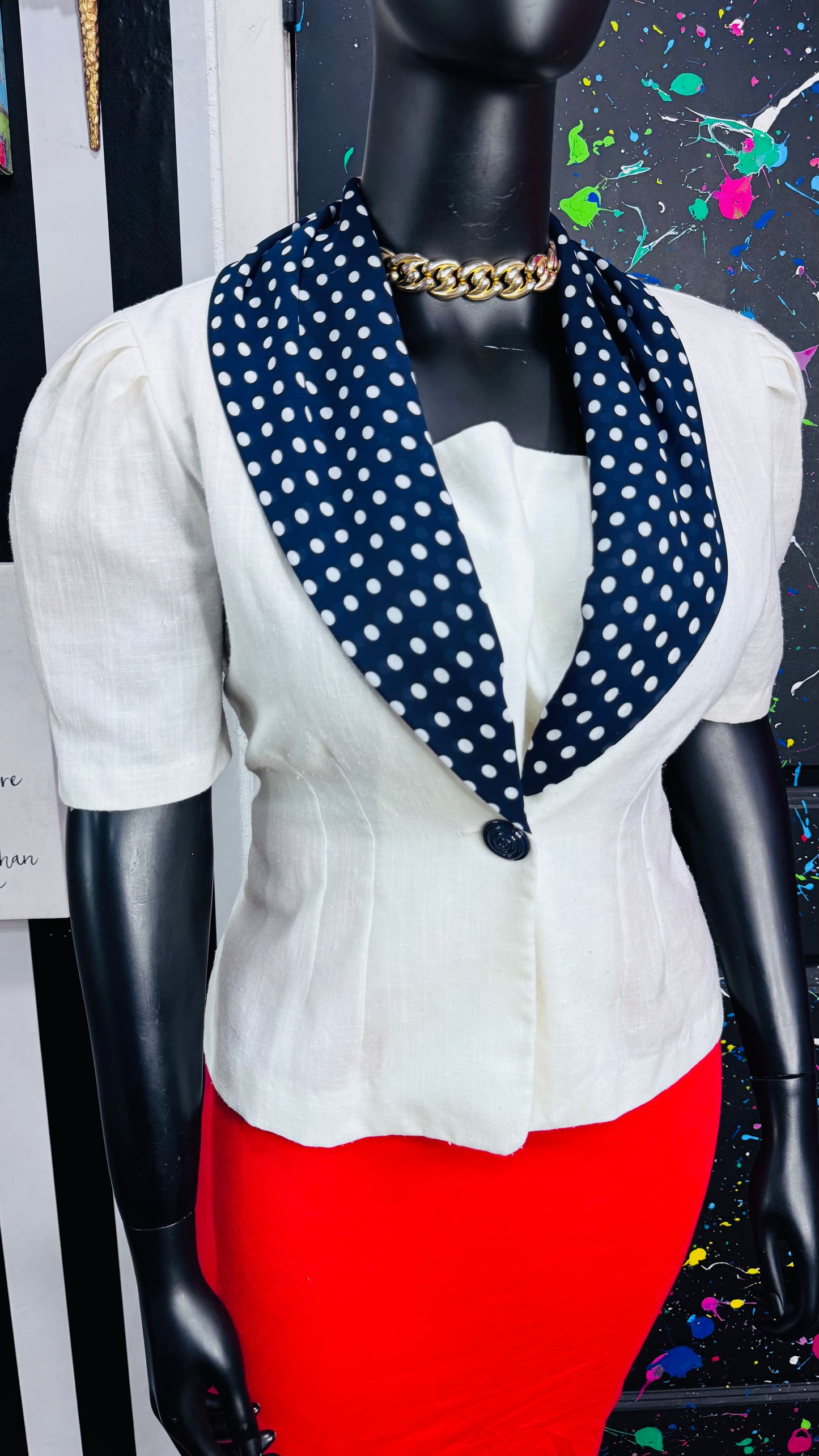 Vintage Navy Blue & White Polka Dot Blouse (16)