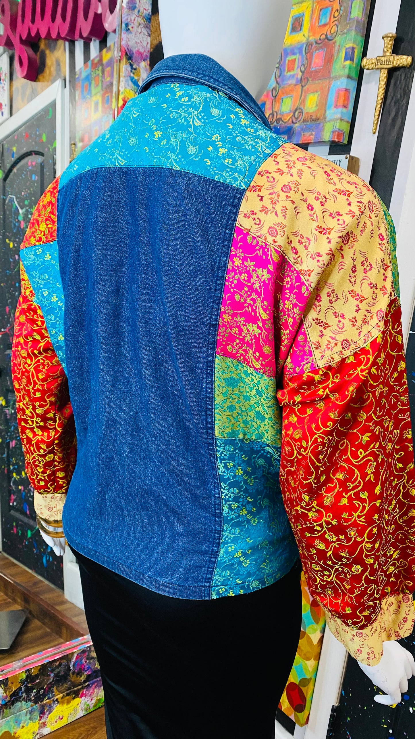 Vintage Denim & Satin Patchwork Blouse (24)