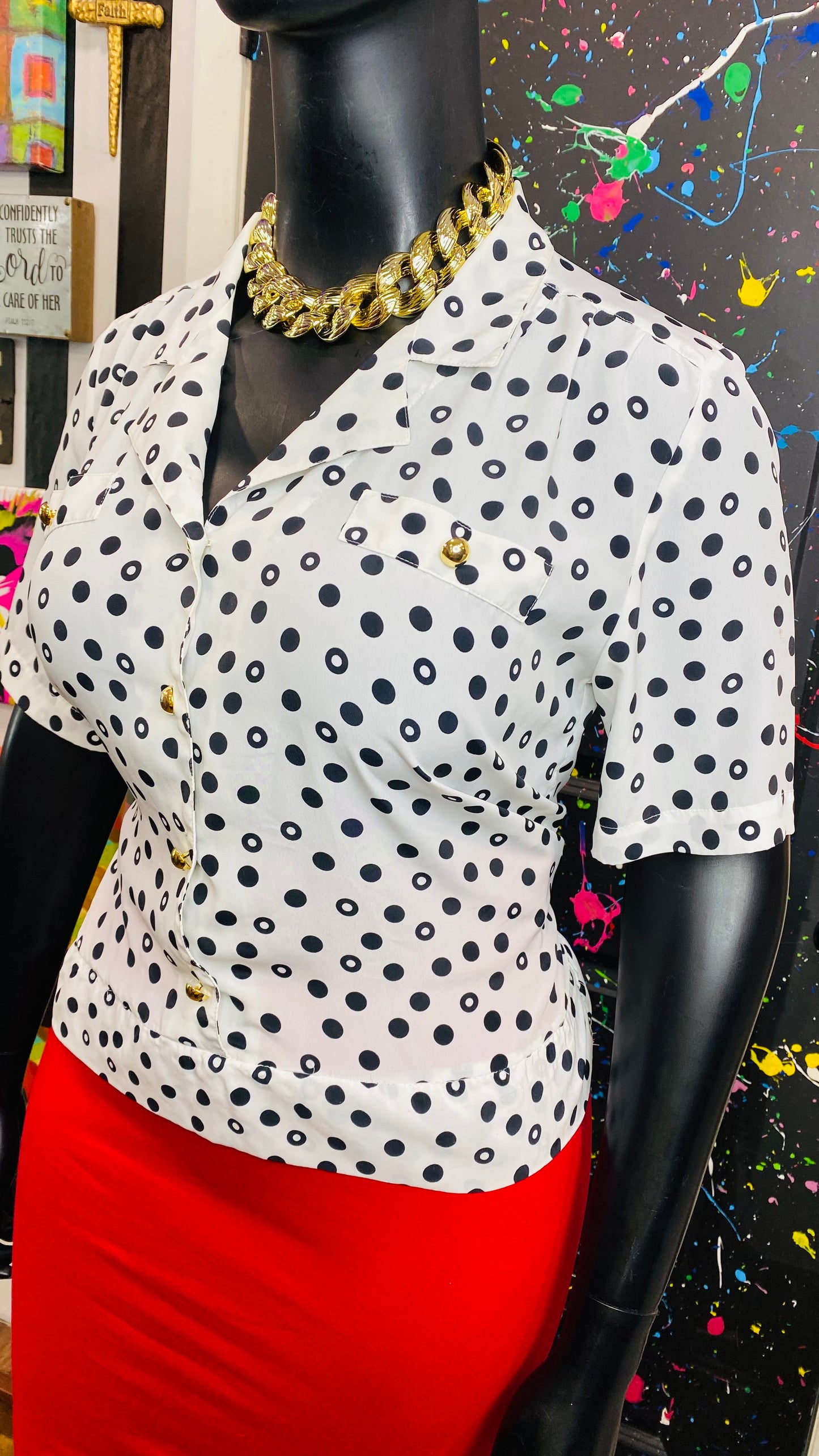 Vintage White & Black Polka Dot Blouse (14/16)