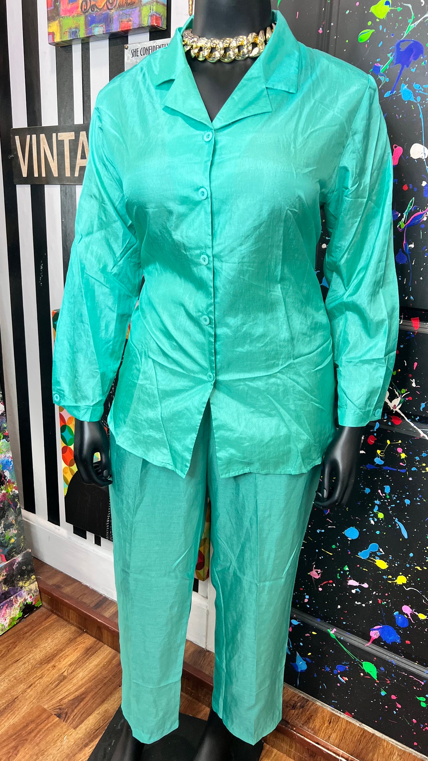 Vintage Teal Polyester Light Weight Pants Set (16/18)