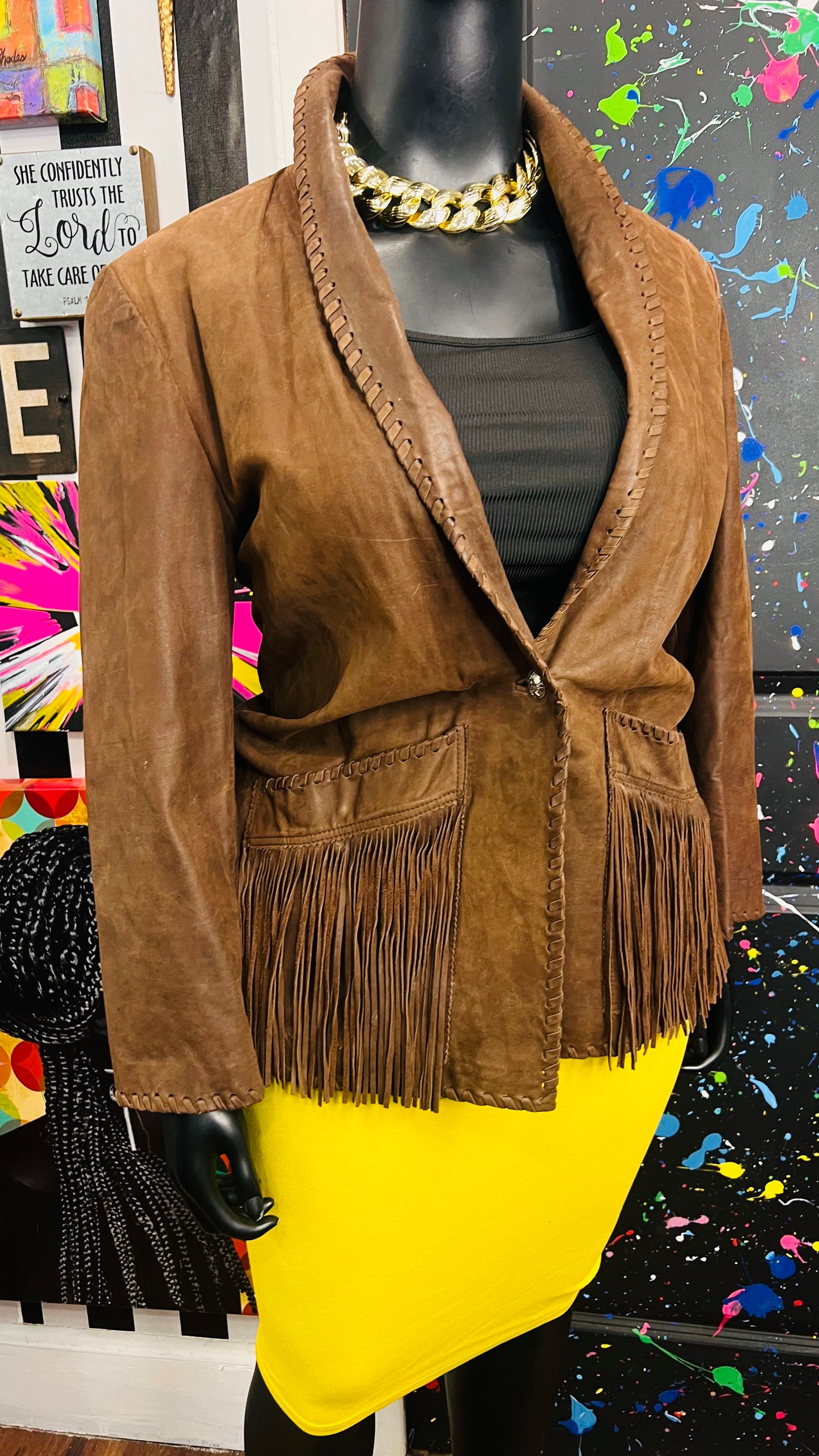 Vintage Genuine Leather Brown Fringe Blazer (18)