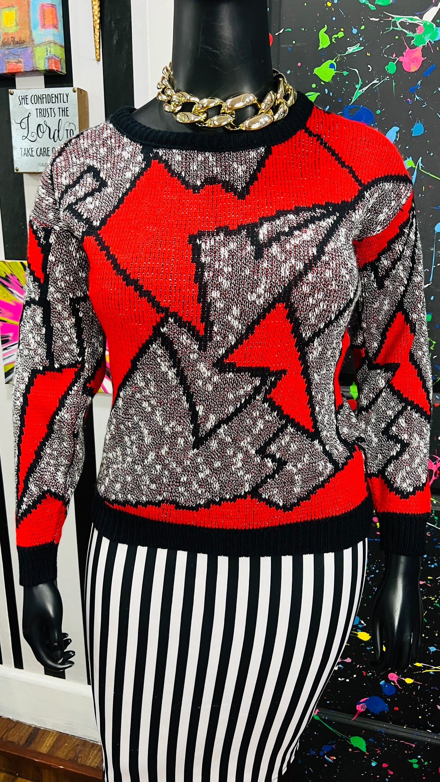 Vintage 80’s Knit Red Black & White Sweater (16)