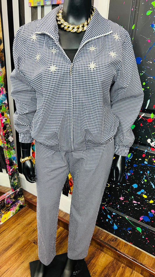 Vintage Navy Blue & White Checkered Pants Set (18)