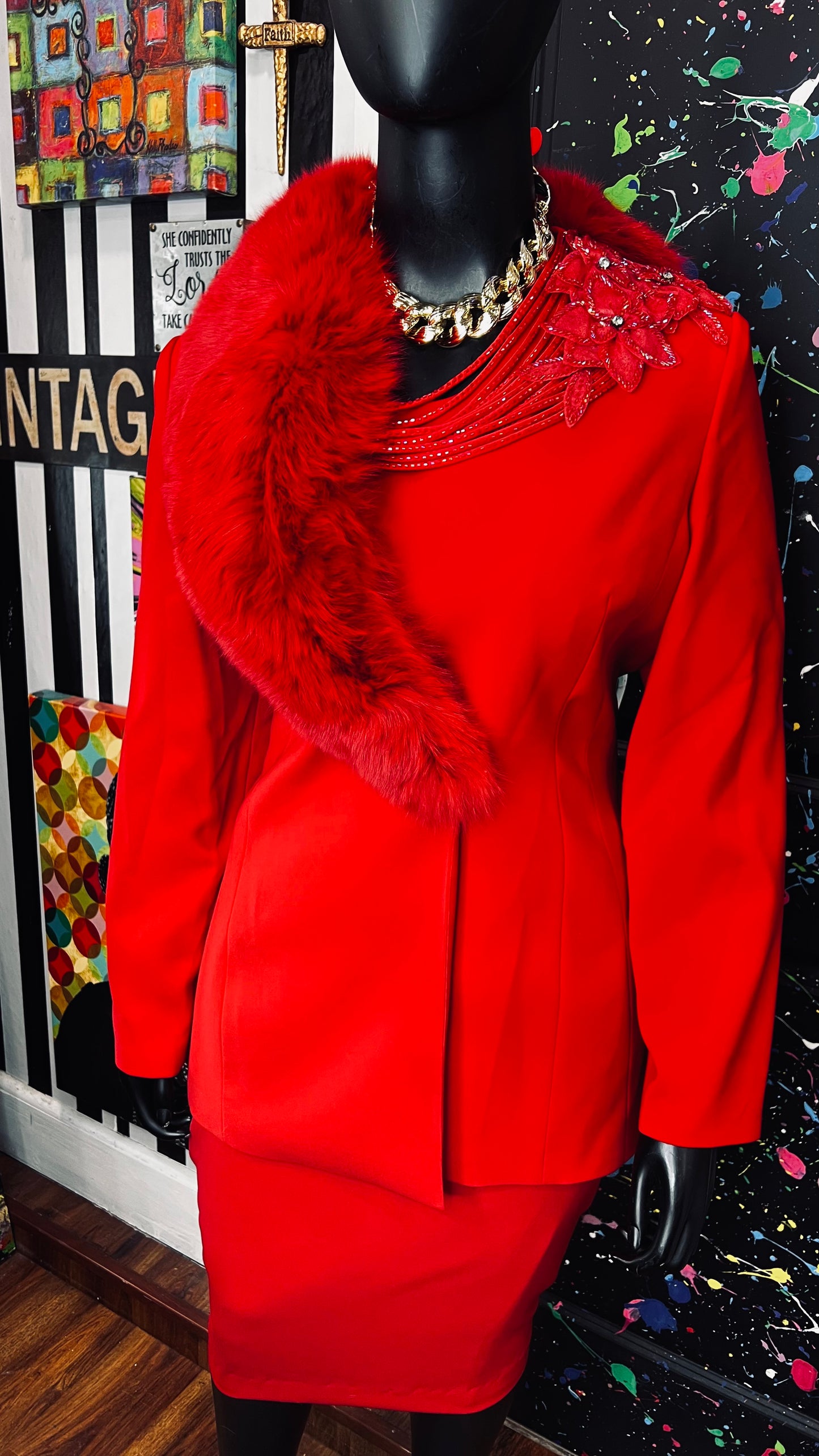 Vintage Couture Red Faux Fur Skirt Suit (20)