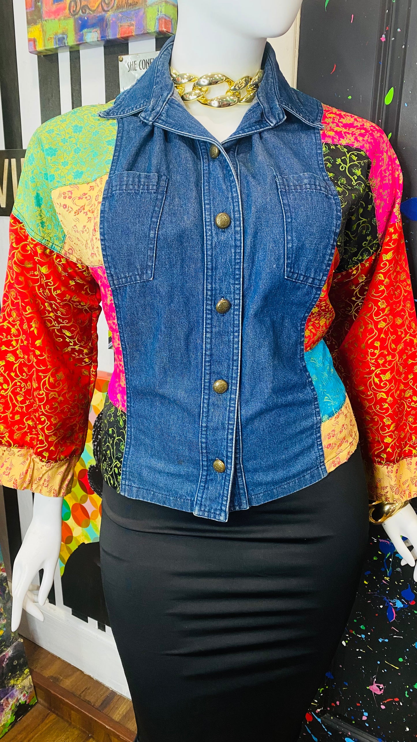 Vintage Denim & Satin Patchwork Blouse (24)
