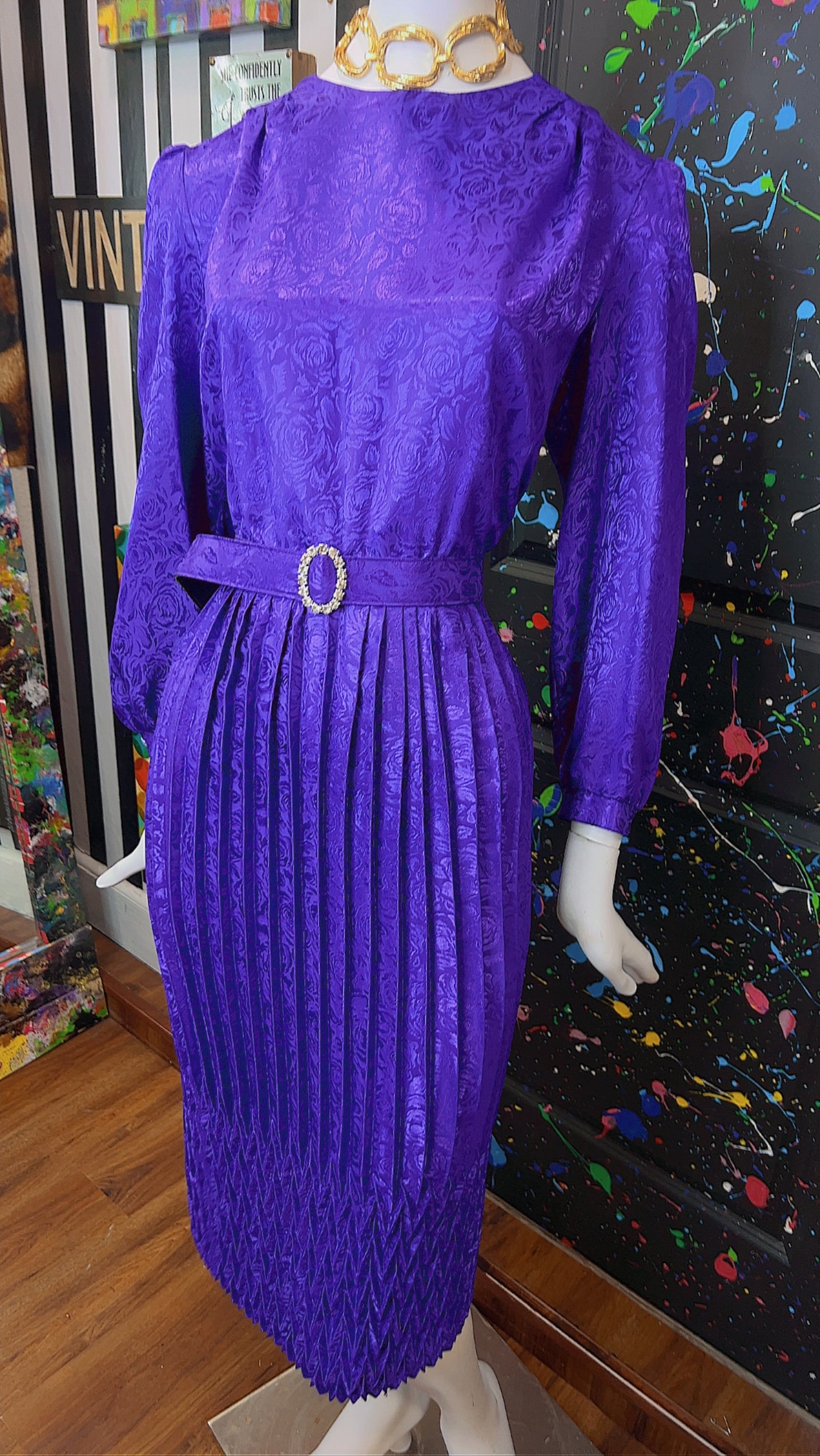 Vintage Purple Pleated Dress w/ Belt (16)