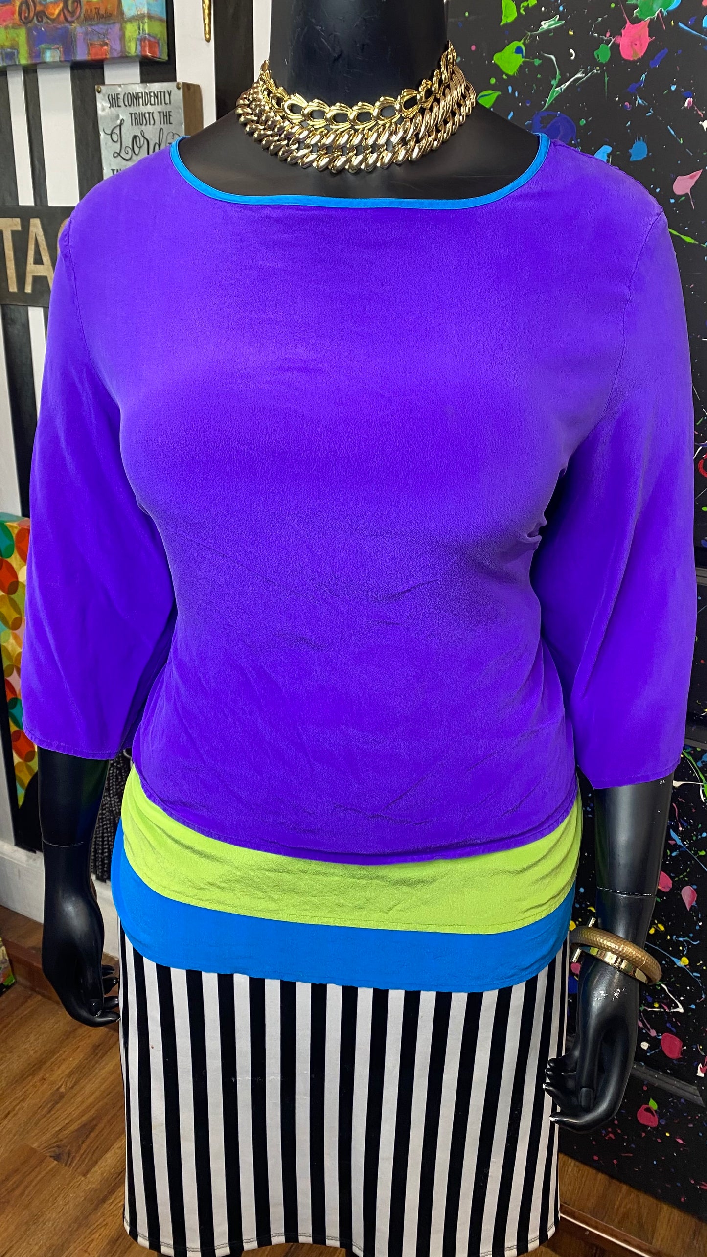 Vintage 100% Silk Purple Colorblock Diane Gilman Blouse (20)