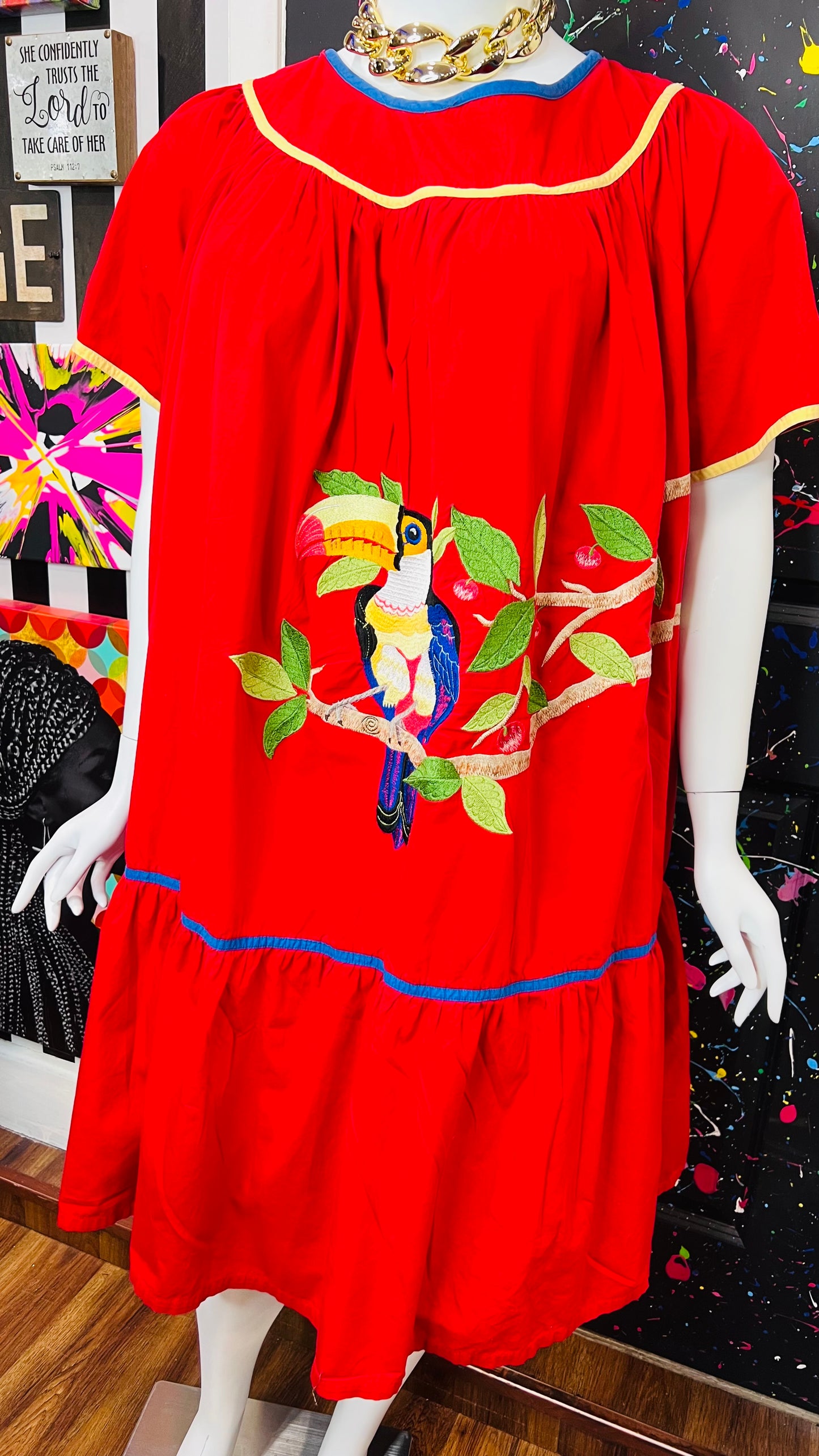 Vintage Cotton Red Parrot House Dress w/Pockets (22/24)