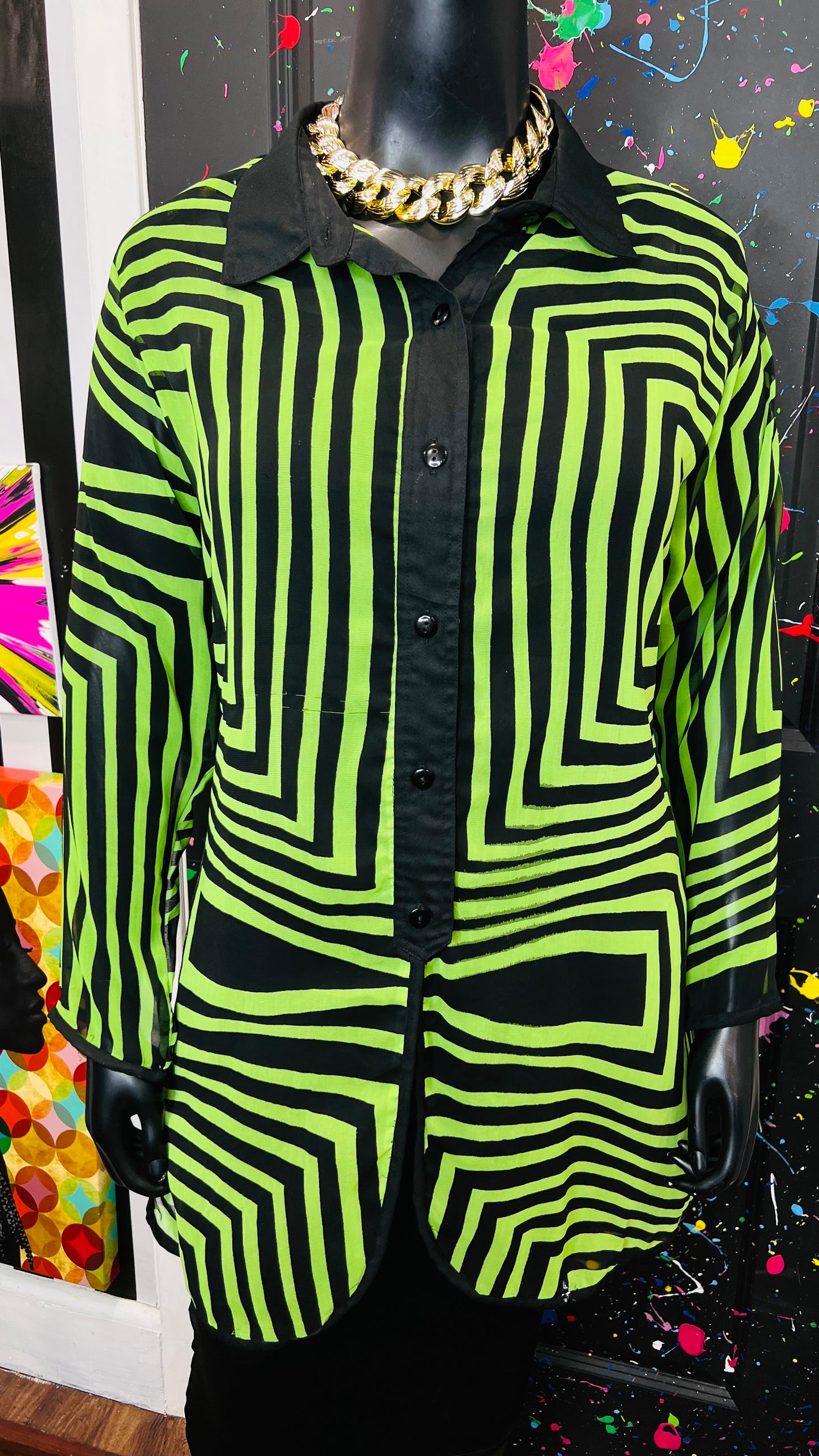 Vintage Green & Black Flowy Blouse/Swimsuit Cover (18)