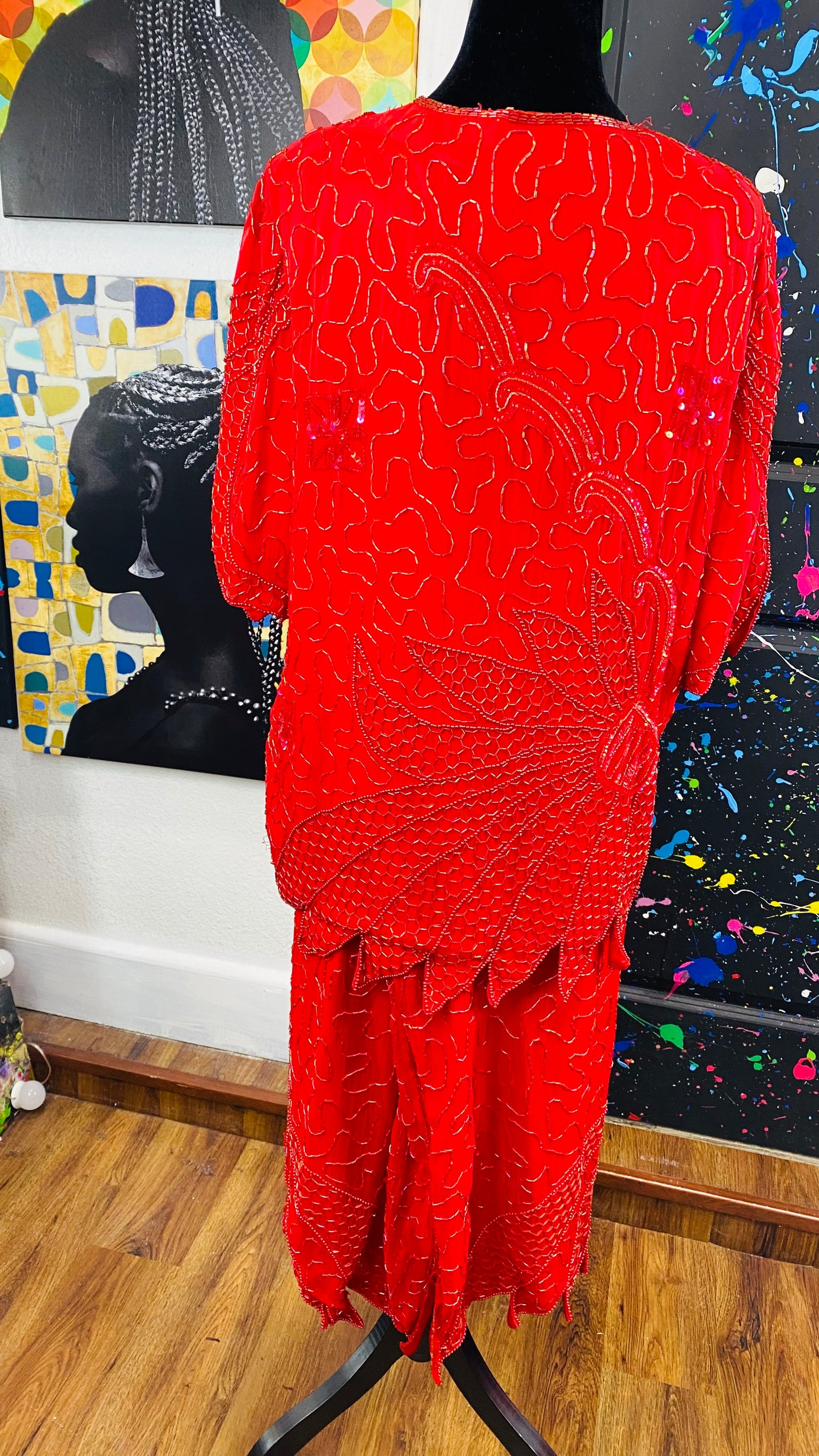 Vintage Red Sequins 2 piece skirt set
