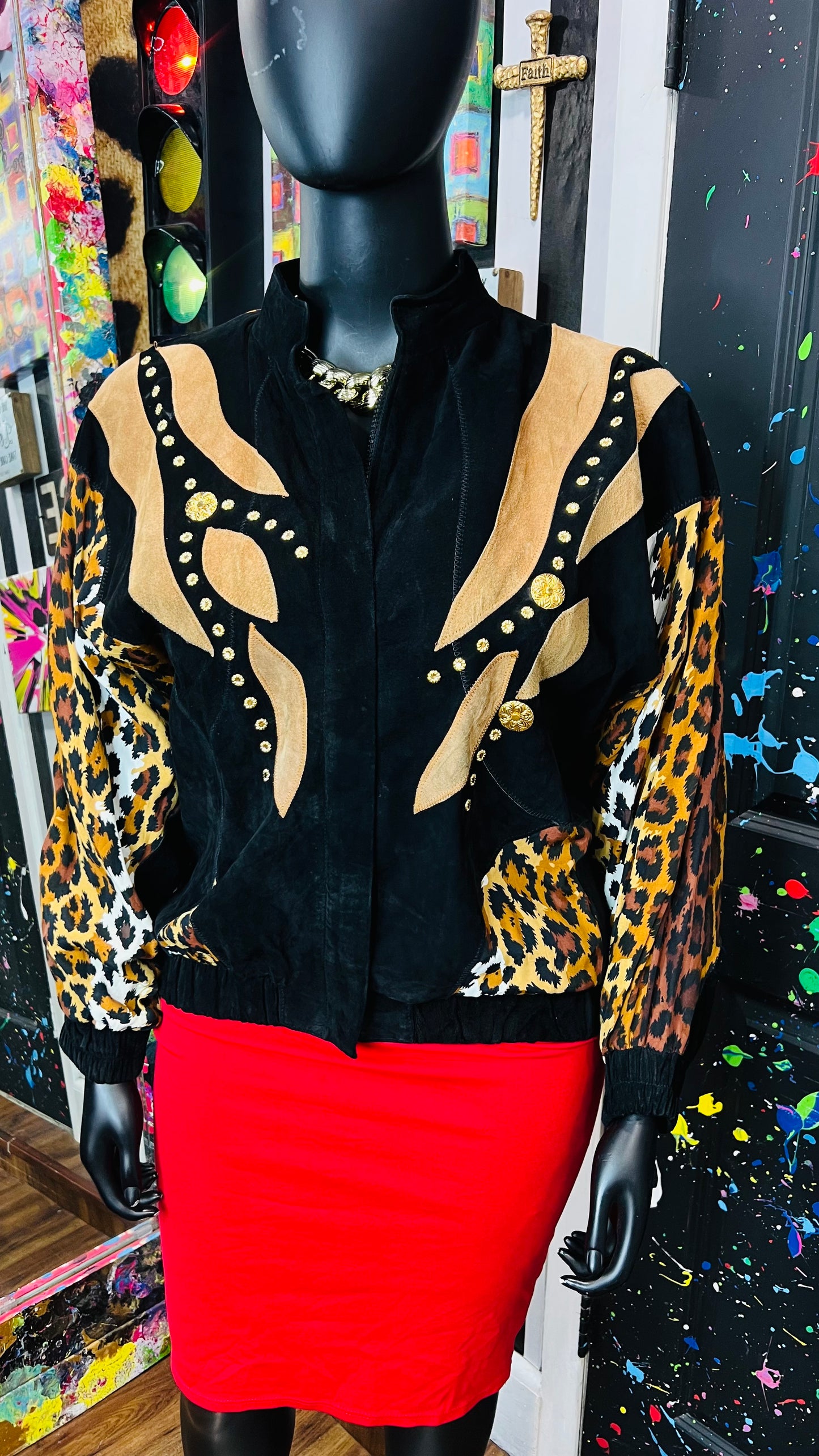 Vintage Genuine Suede Leather & Rayon Studded Animal Print Jacket (16/18)