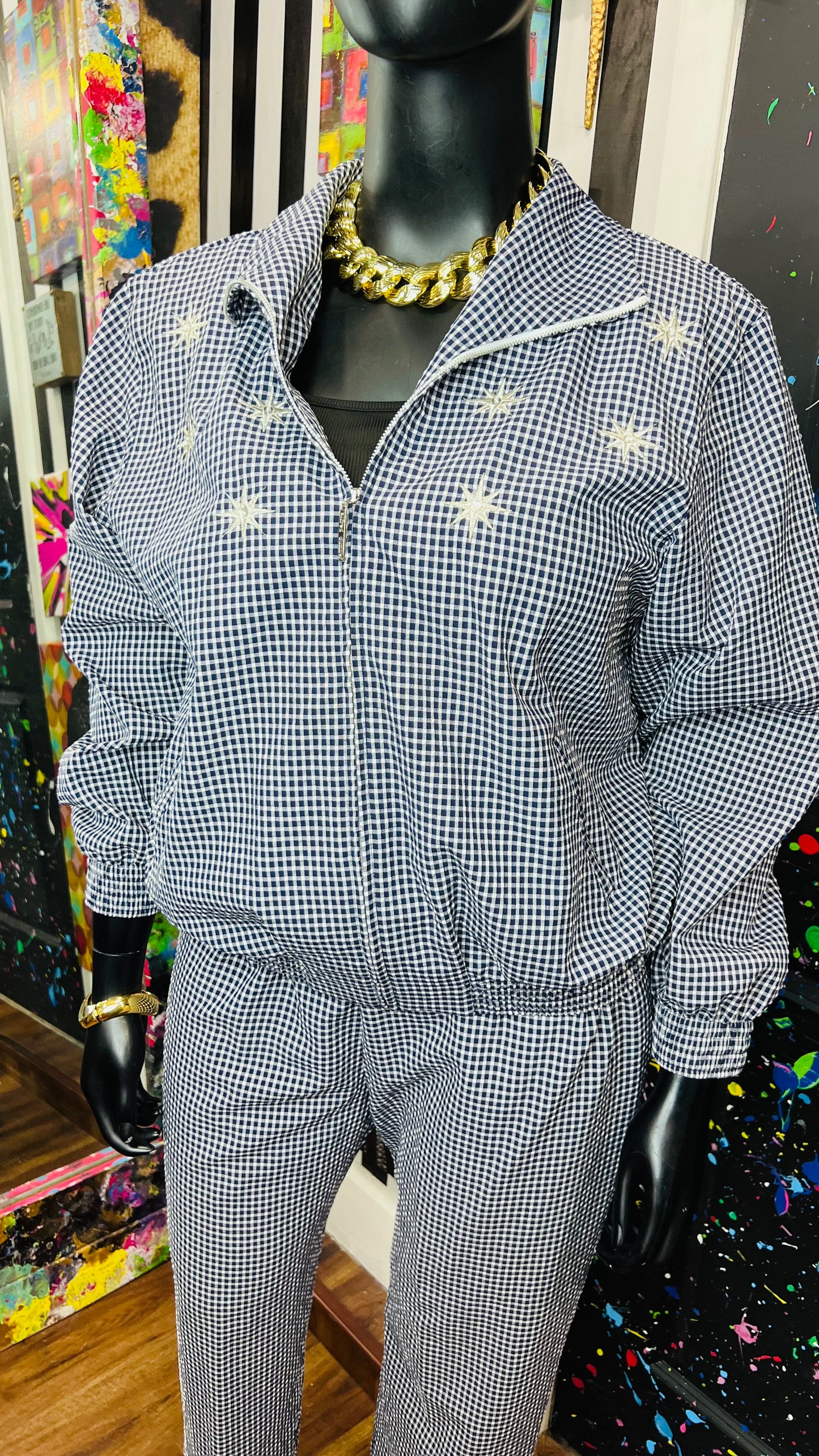 Vintage Navy Blue & White Checkered Pants Set (18)