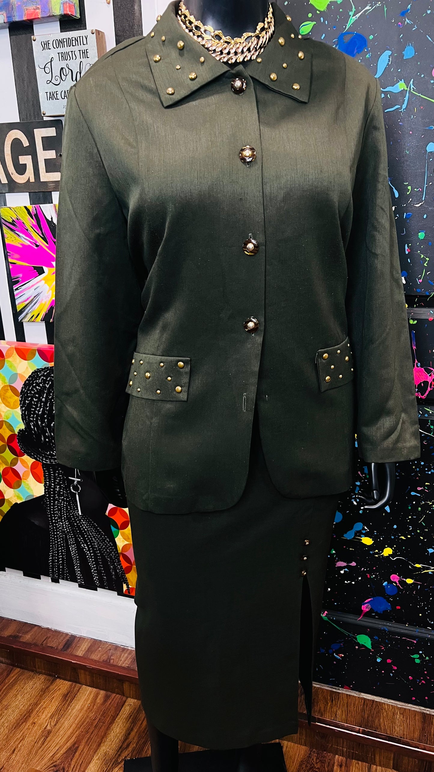 Vintage Army Green Studded Skirt Set (24W)