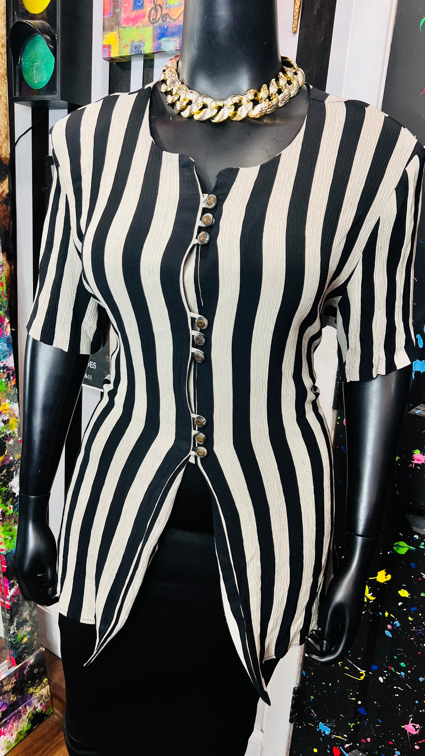 Vintage Beige & Black Striped Blouse (20)