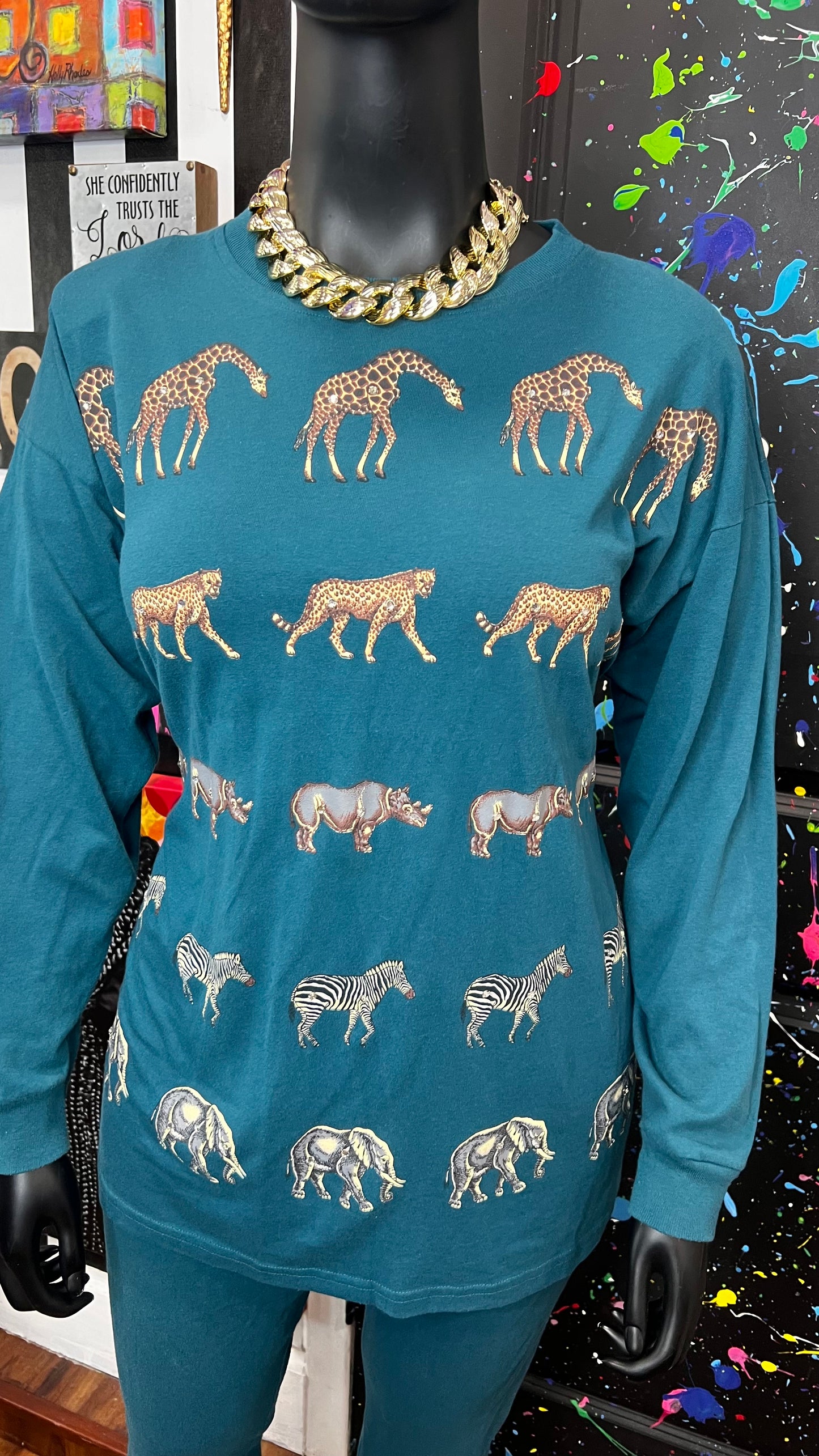 Vintage Cotton Animal Print & Jewel Top Pants Set