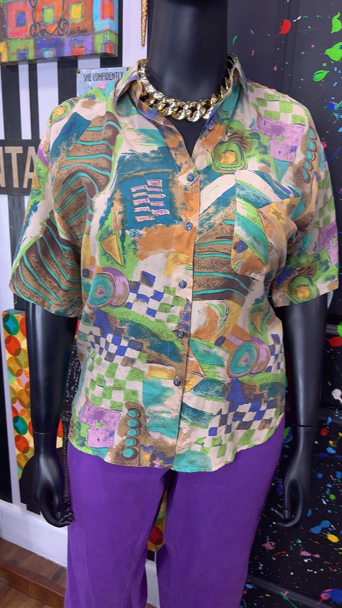 Vintage 100% Silk Abstract Blouse (16)