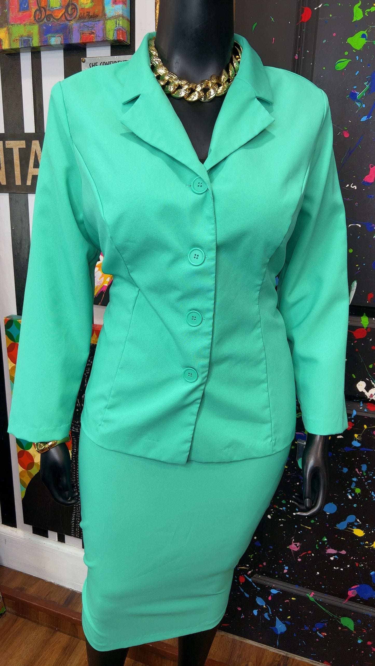 Vintage Teal Skirt & Blazer Suit (20W)