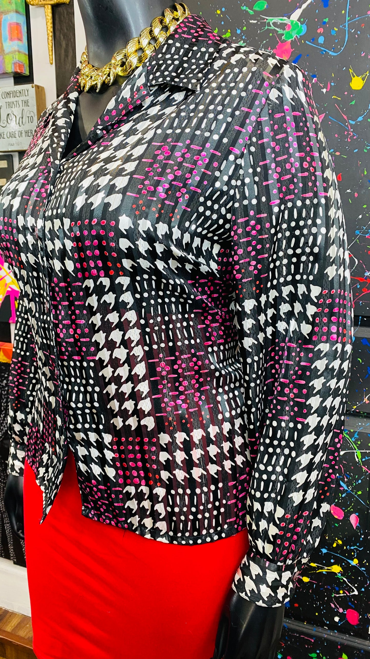 Vintage Sheer Pink Black & White Blouse (18)