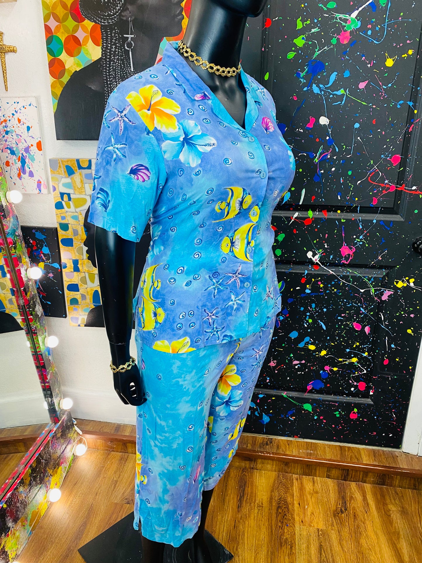 Vintage 2pc  Aqua & Studded Gauchos Set