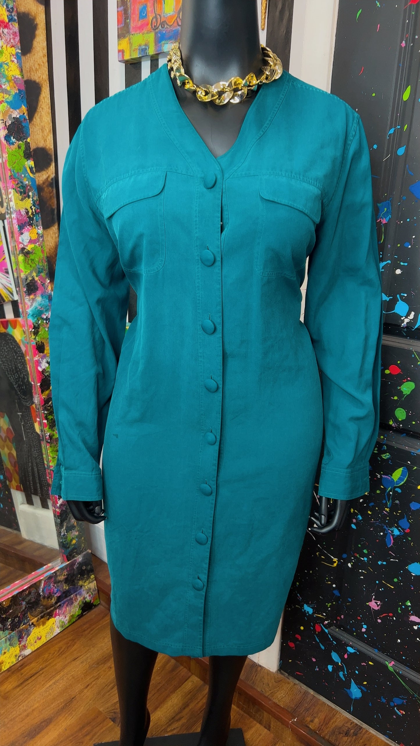 Vintage 100% Silk Teal Dress (18W)