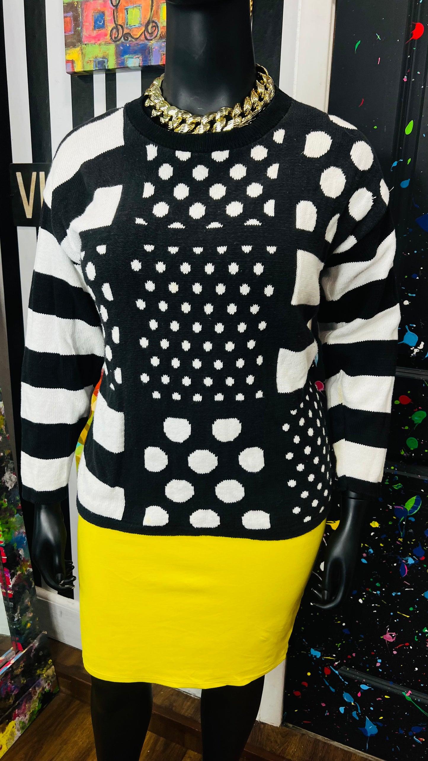Vintage Black & White Polka Dot & Stripes Sweater (16)