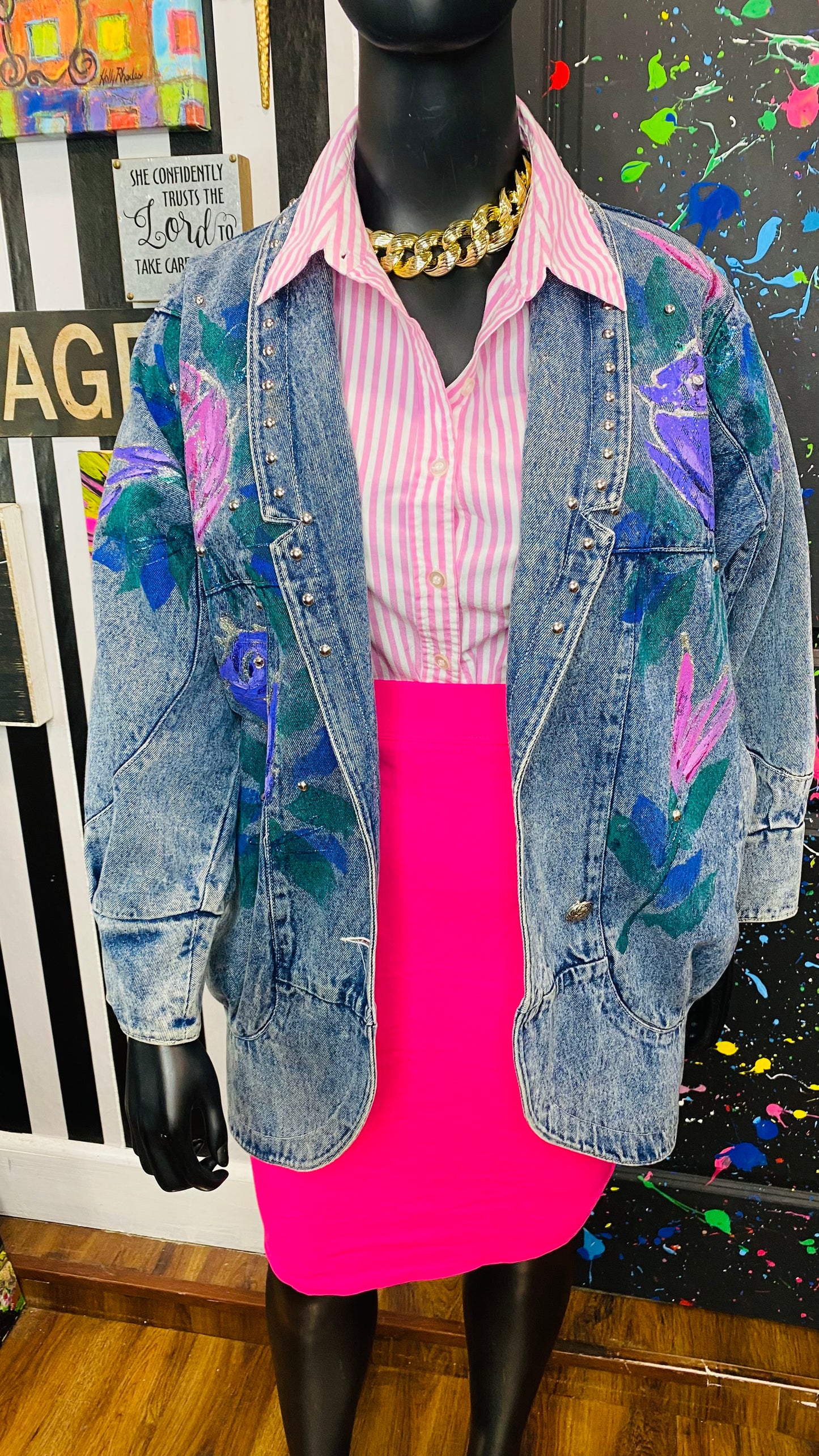Plus size Vintage Stone Wash Hand Painted Denim Jacket (14)