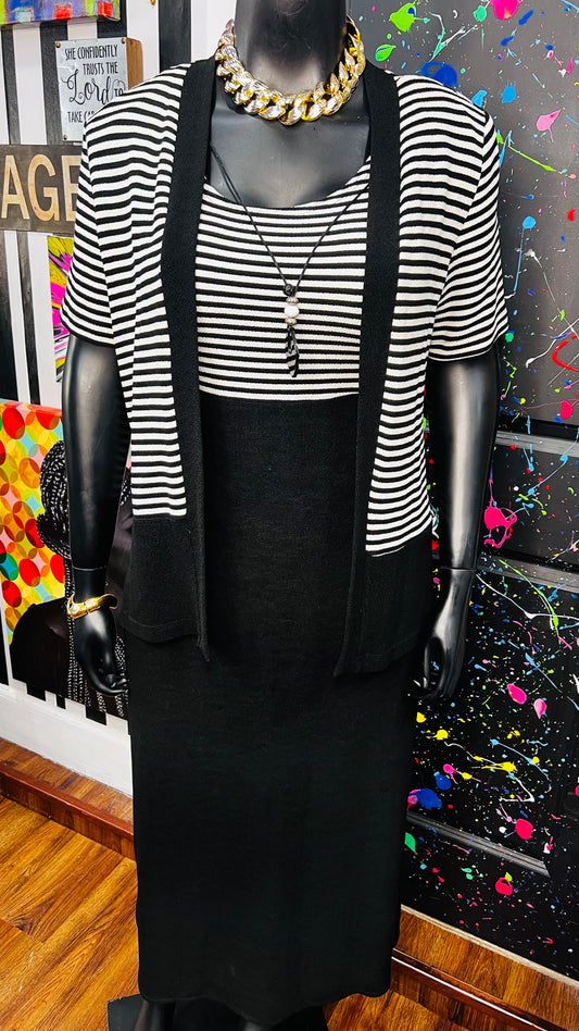 Vintage Black & White Striped Dress Set - Stretchy & Comfy (14)