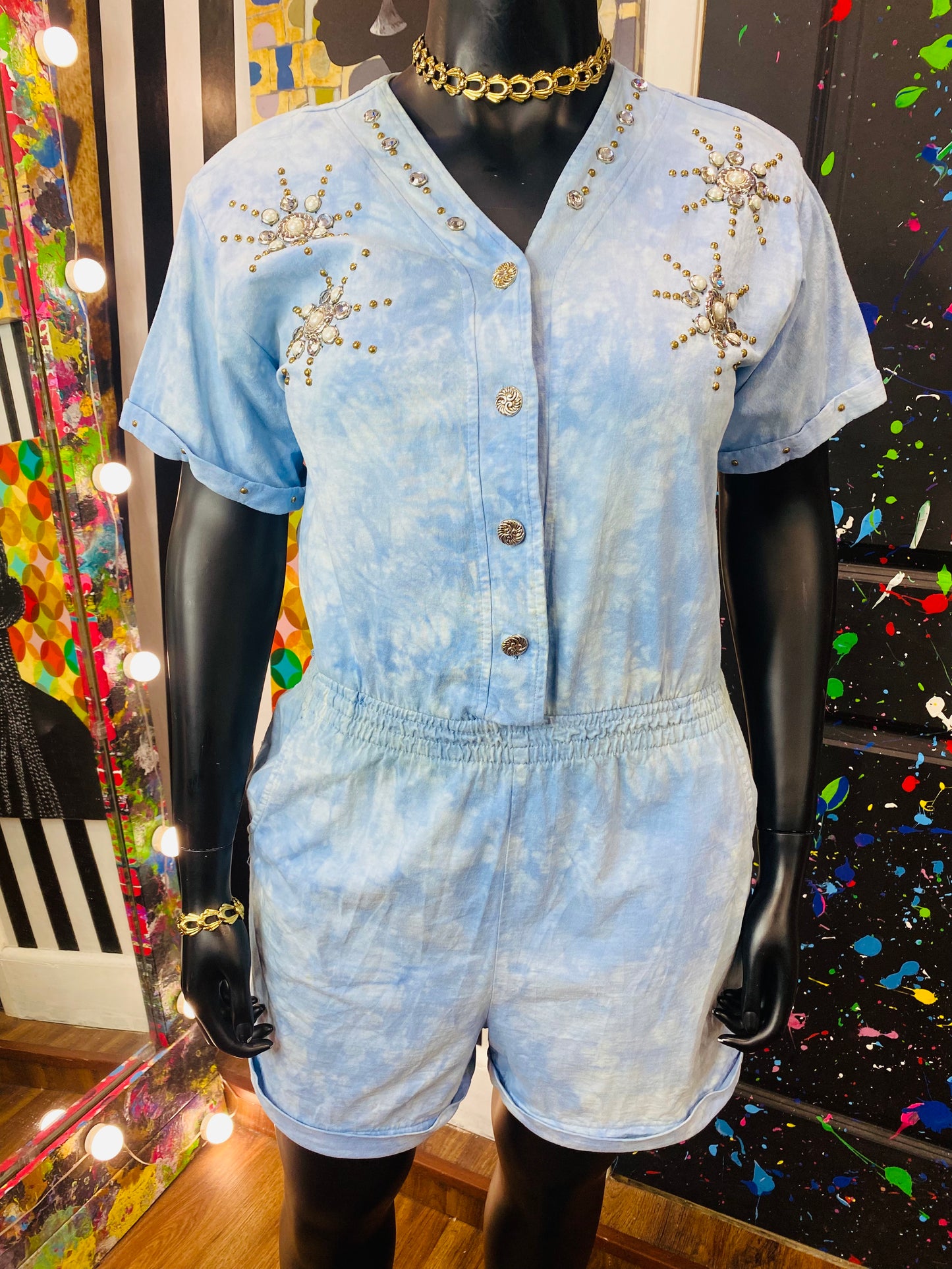 Vintage Denim Jewel Studded Romper
