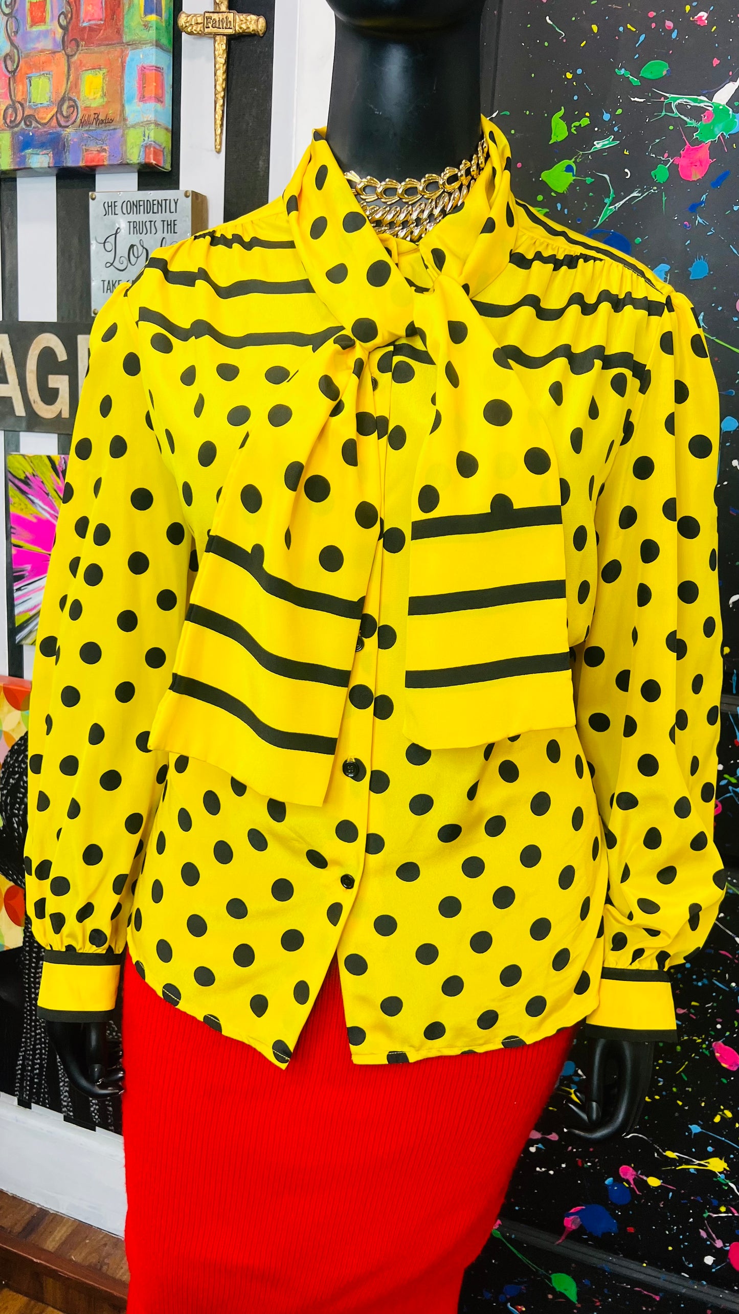 Vintage Yellow Stripes & Polka Dot Blouse (24W)