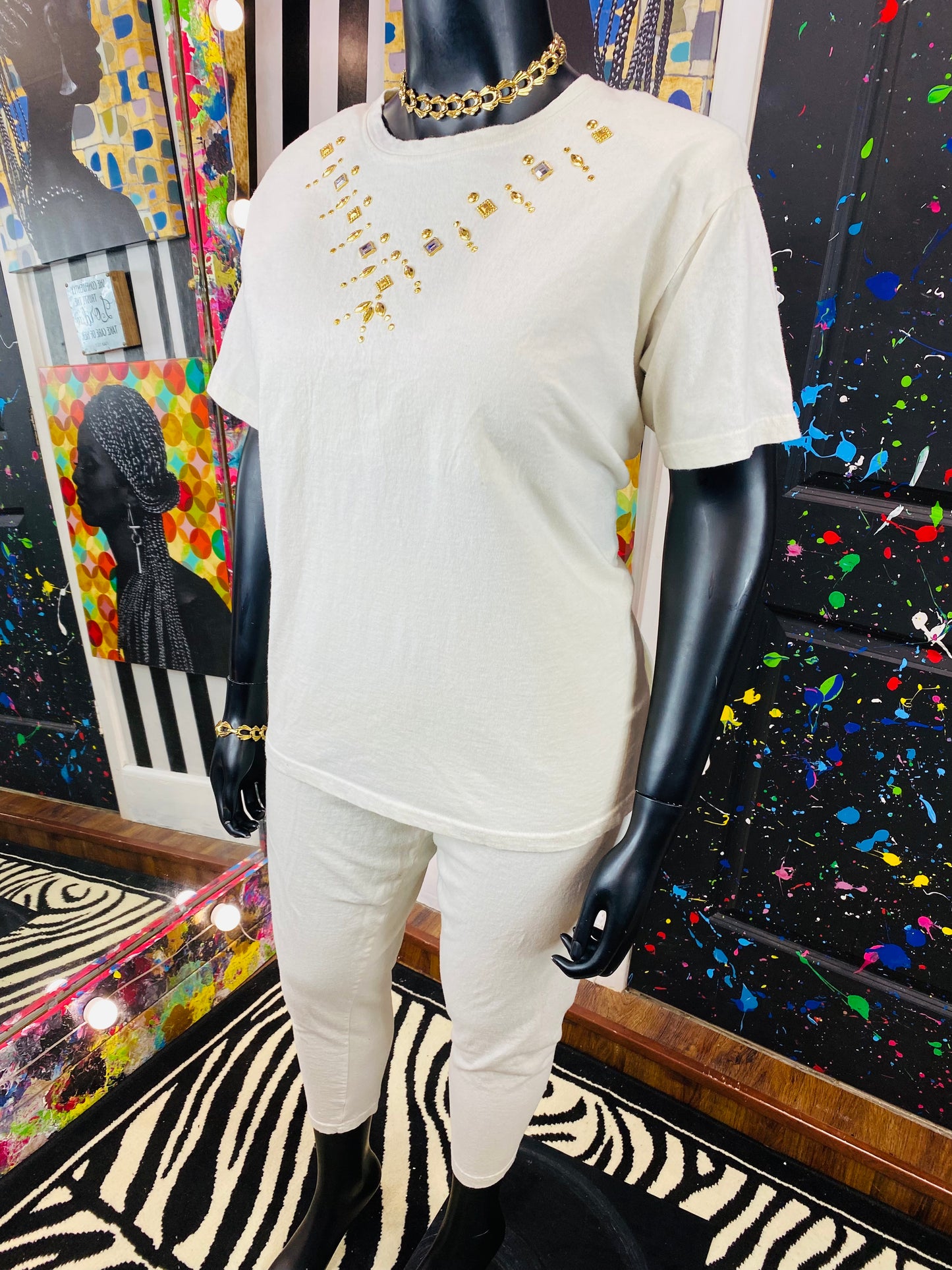 Vintage Cream Colored Gold Studded Pants Set