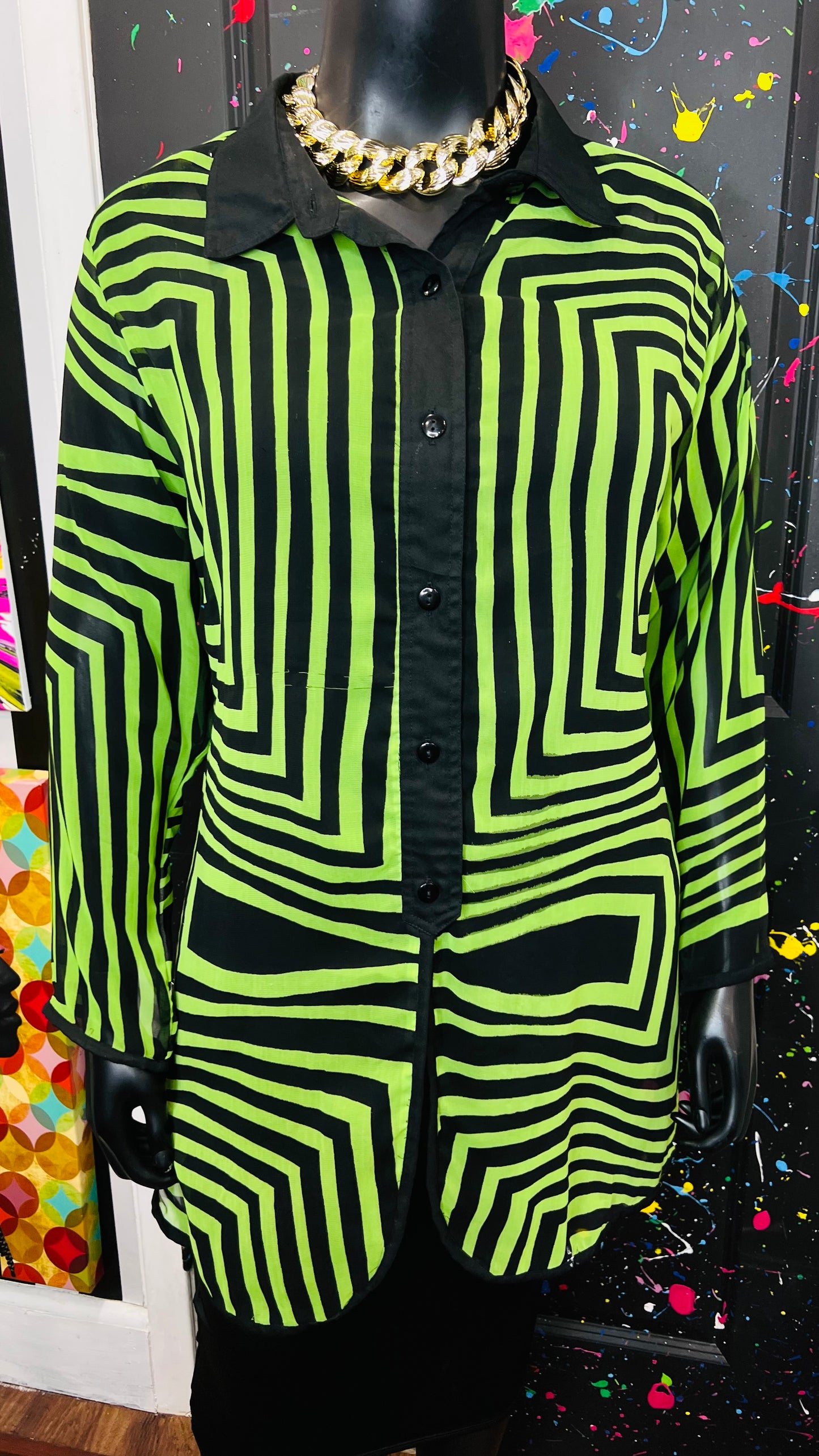 Vintage Green & Black Flowy Blouse/Swimsuit Cover (18)