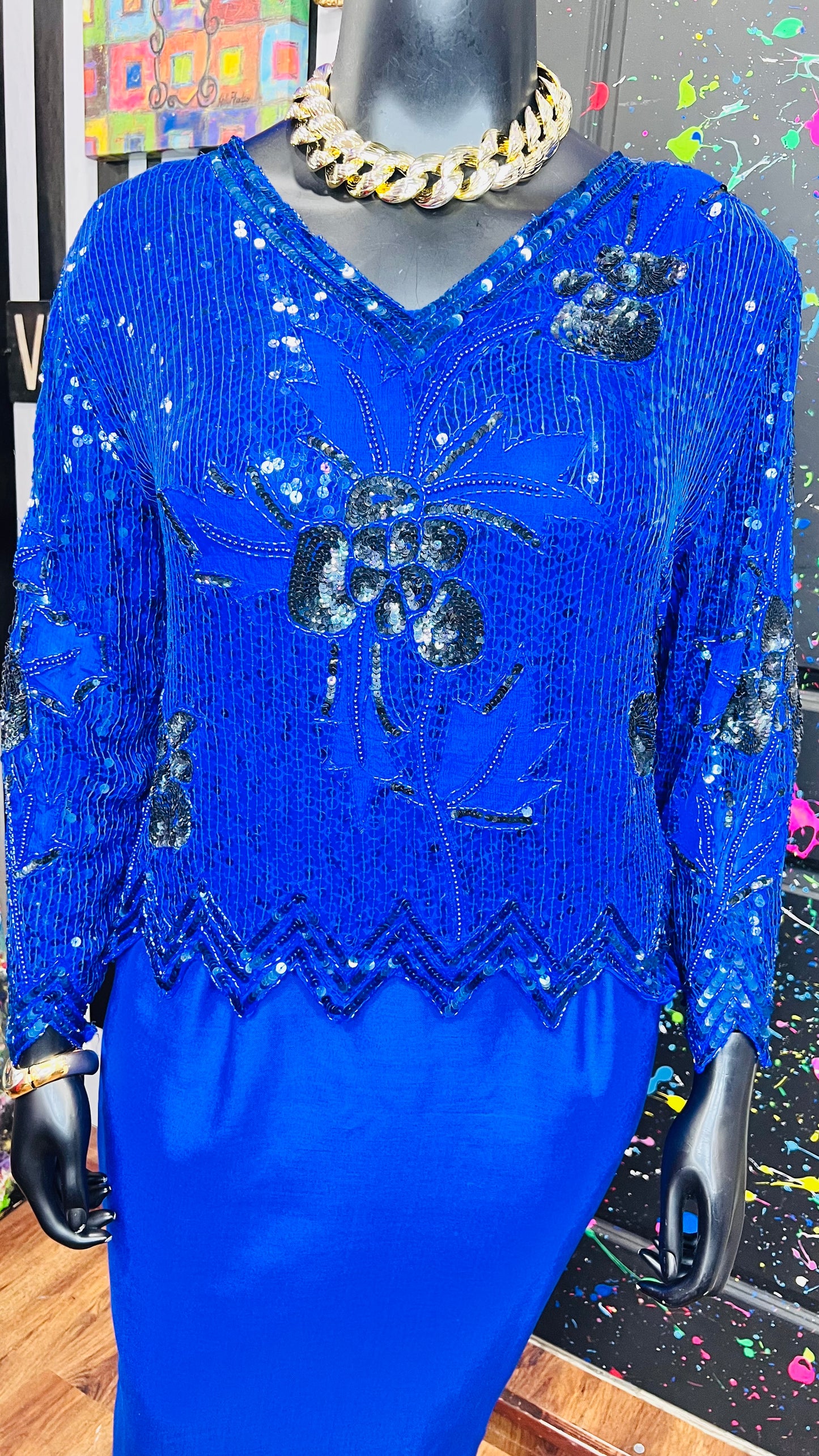 Vintage Blue & Black 100% Silk Sequin Blouse - Deadstock New w/Tags (18)