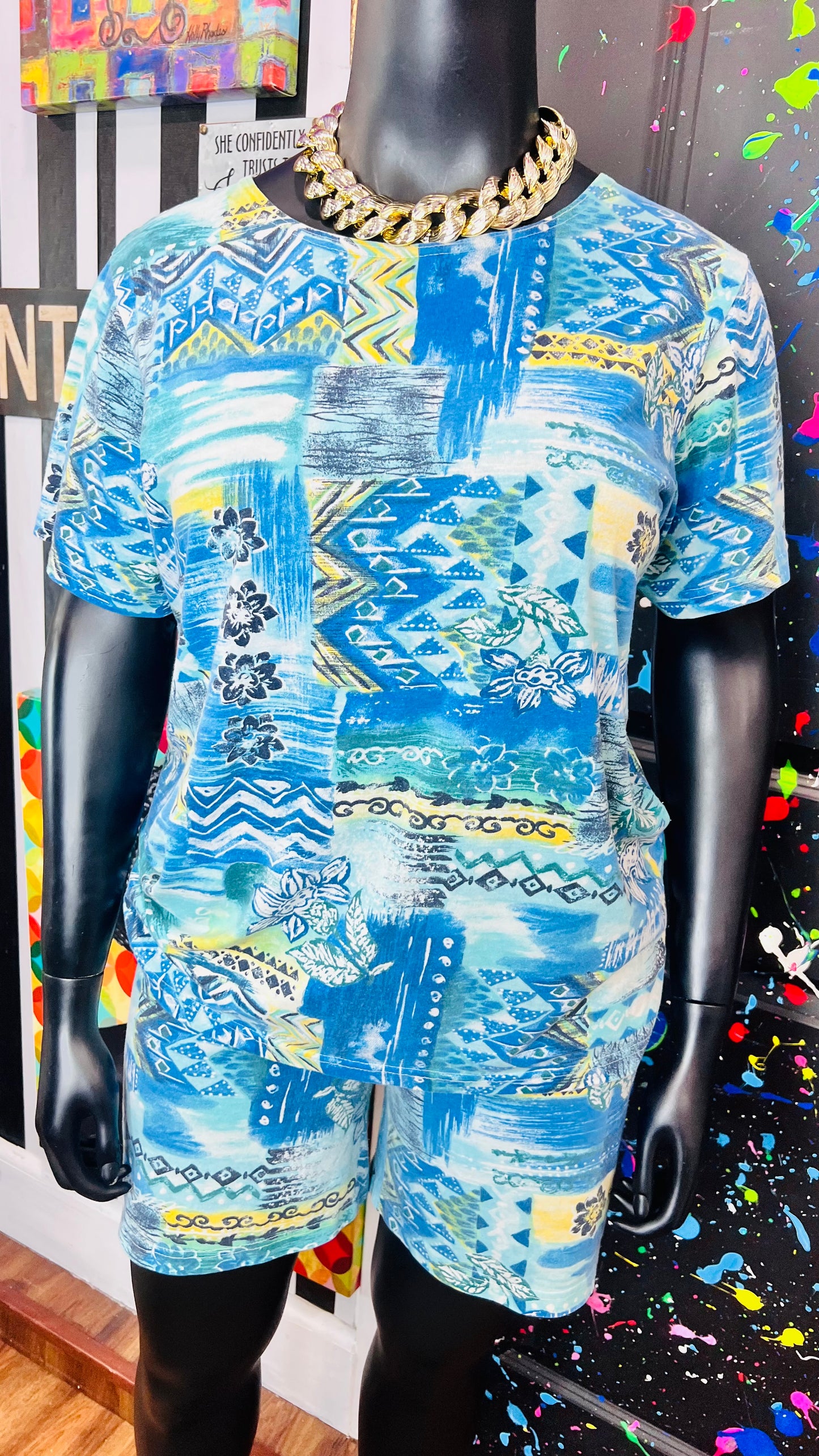 Vintage Cotton Blue Abstract Short Set (18)