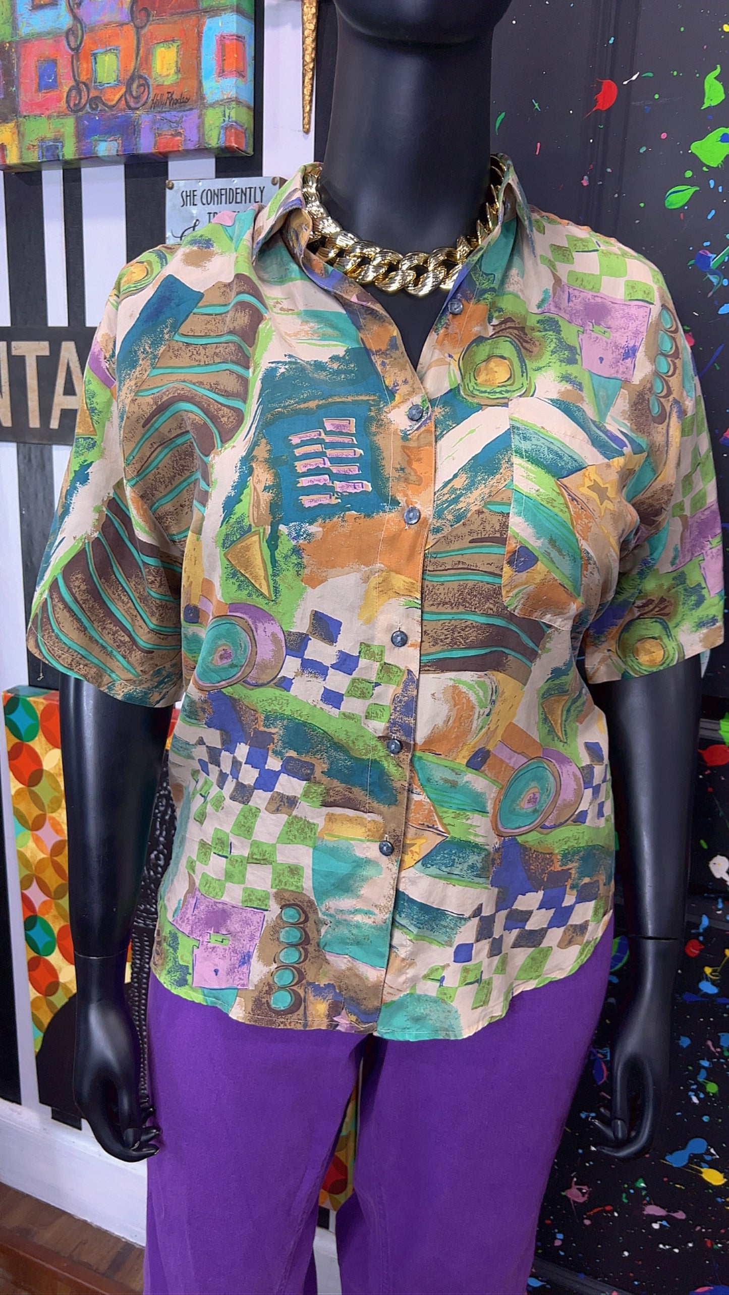 Vintage 100% Silk Abstract Blouse (16)