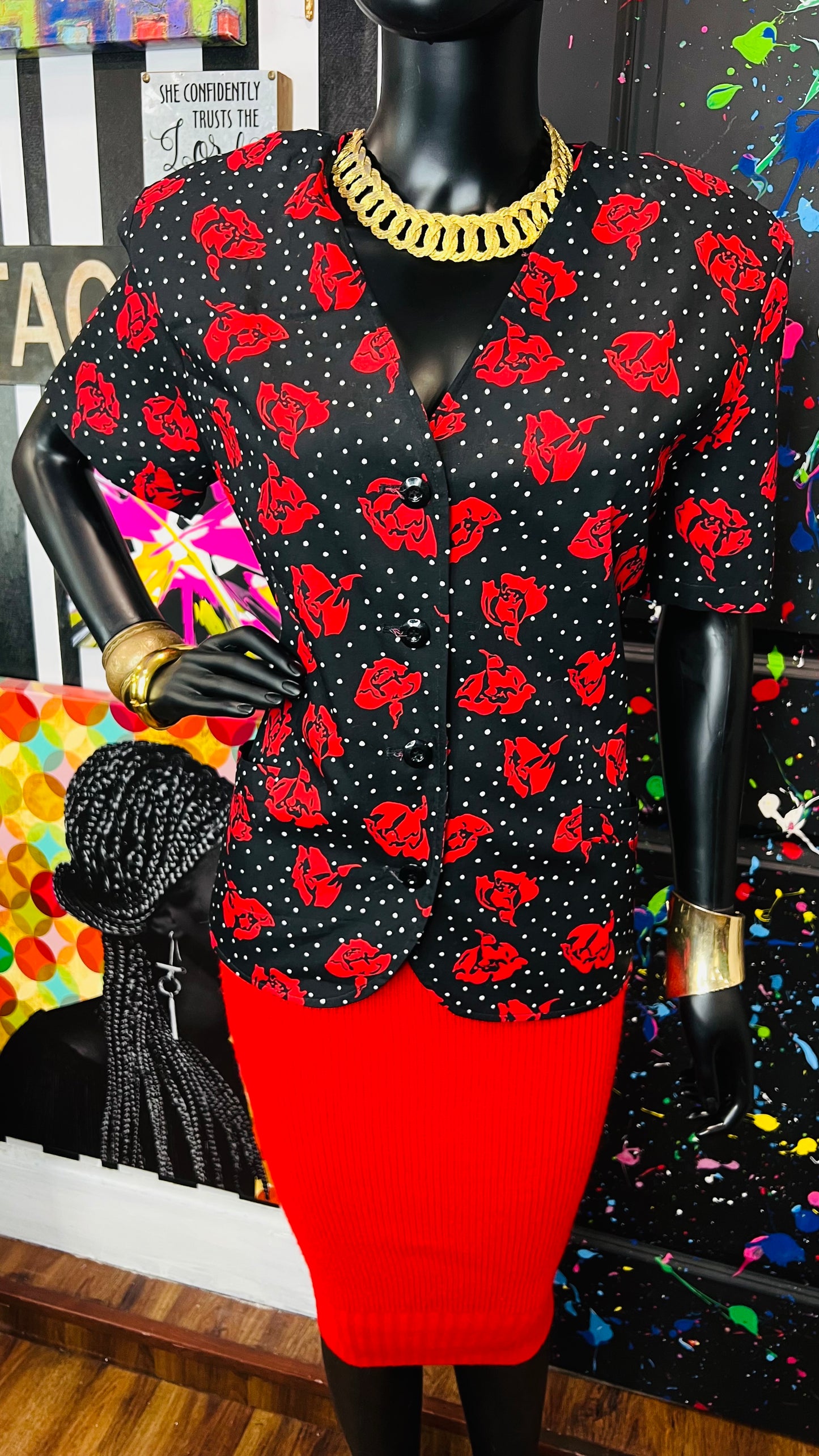 Vintage Polka Dot & Rose Blazer Blouse (12)