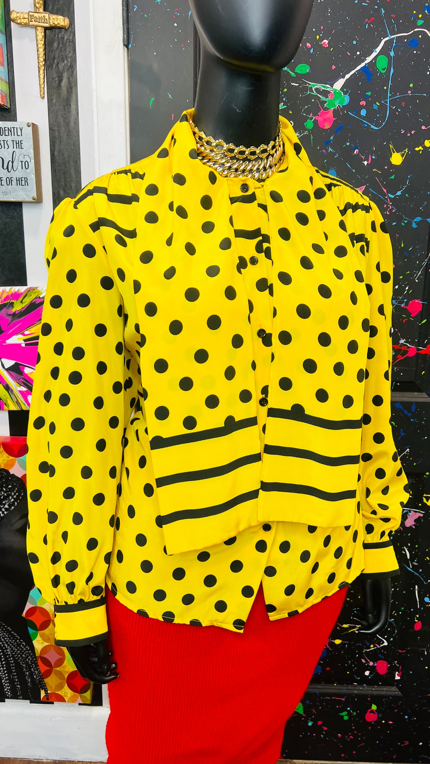 Vintage Yellow Stripes & Polka Dot Blouse (24W)