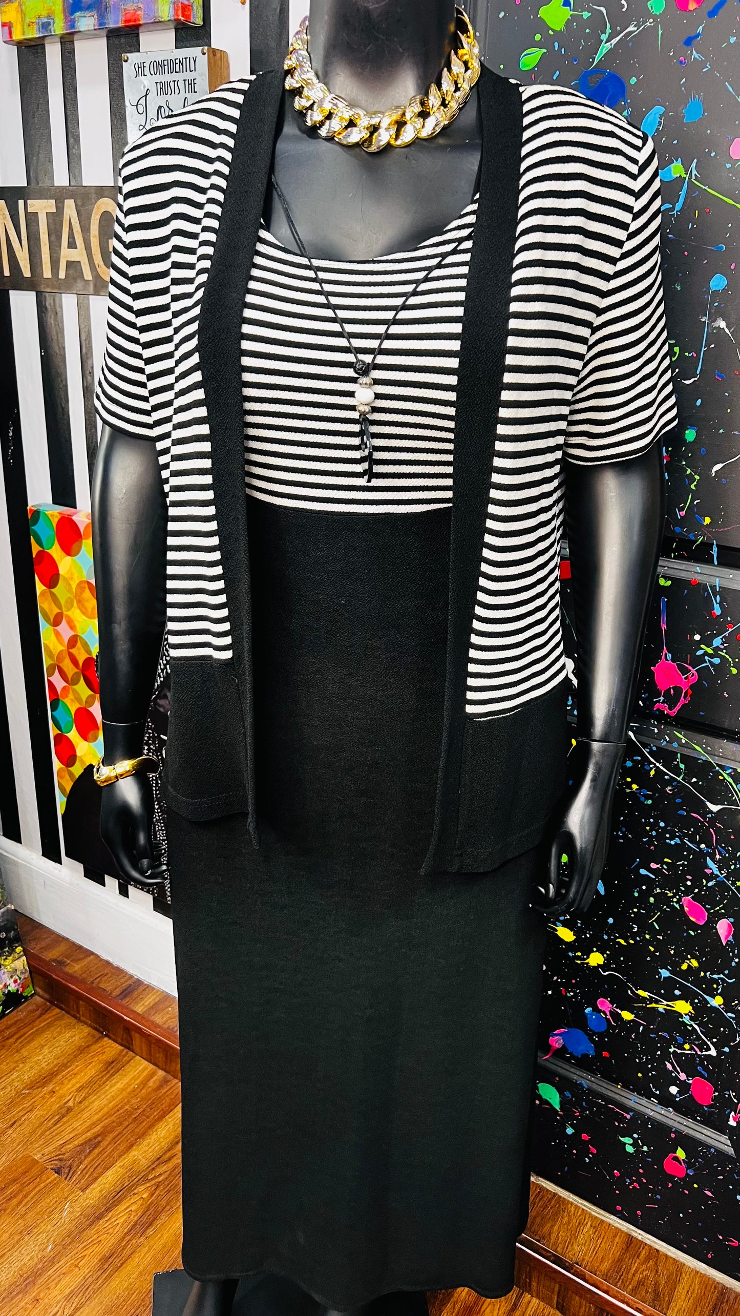 Vintage Black & White Striped Dress Set - Stretchy & Comfy (14)