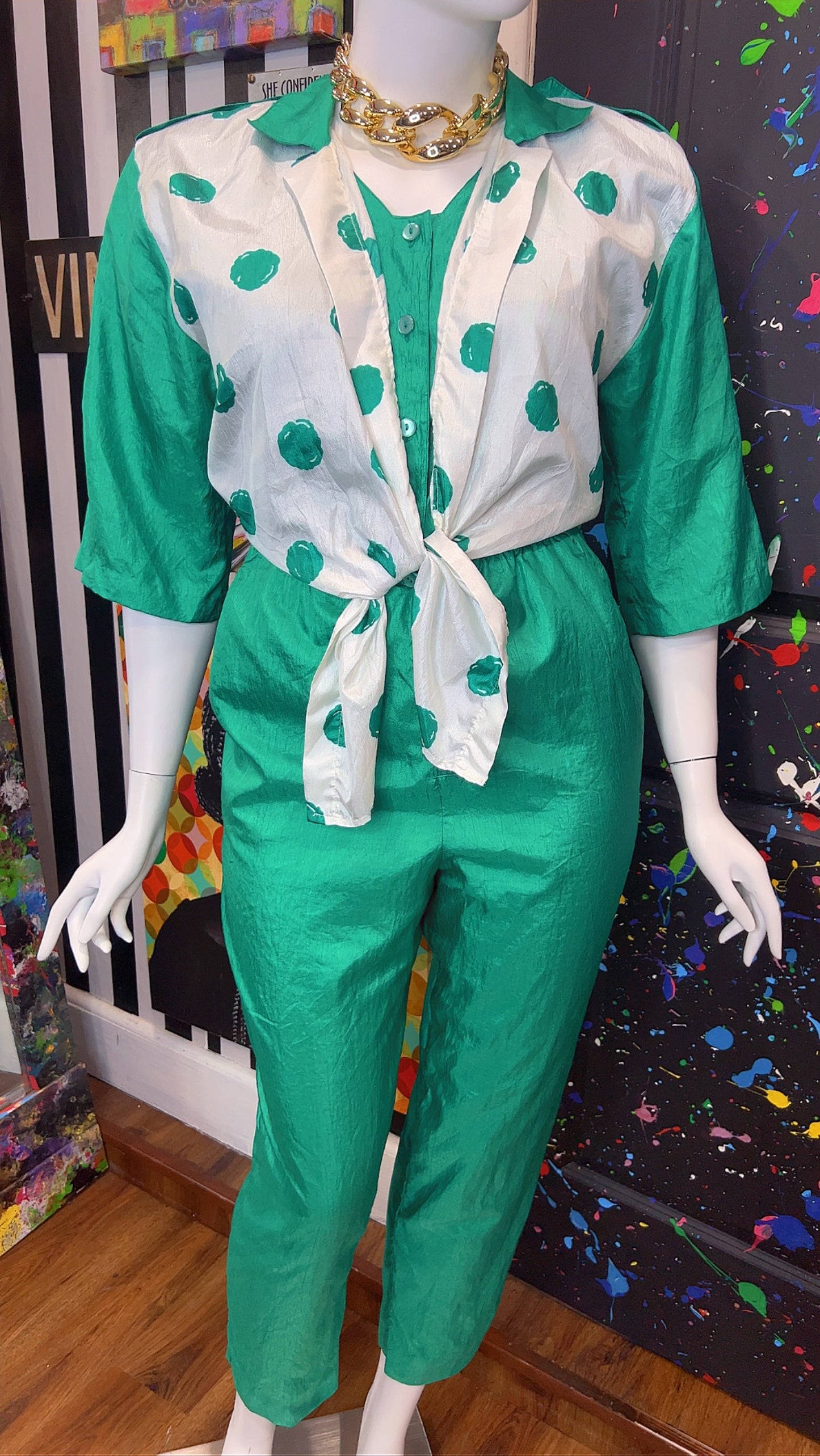 Vintage Green Jumpsuit w/ White & Green Polka Dots (14W)