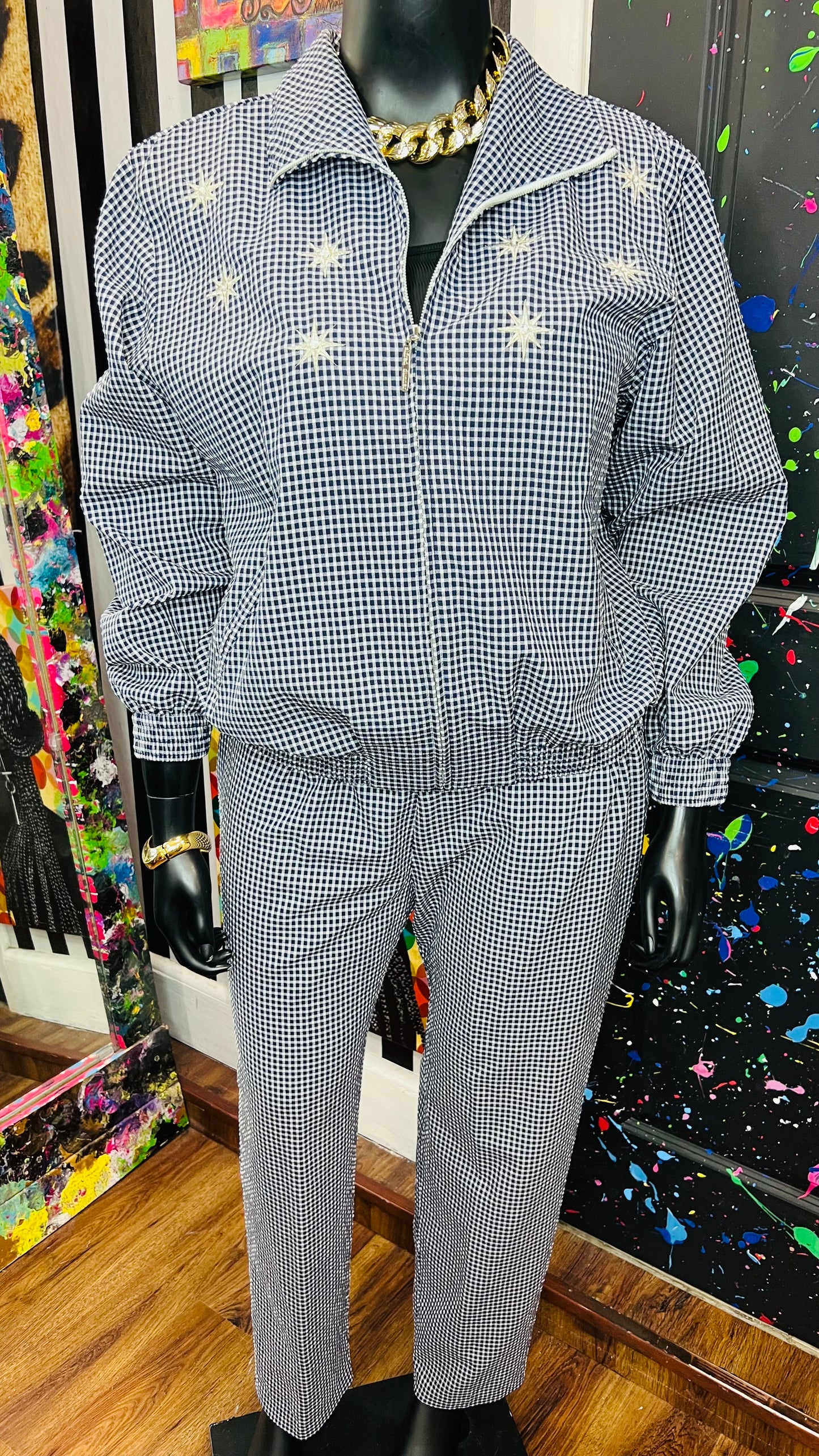 Vintage Navy Blue & White Checkered Pants Set (18)