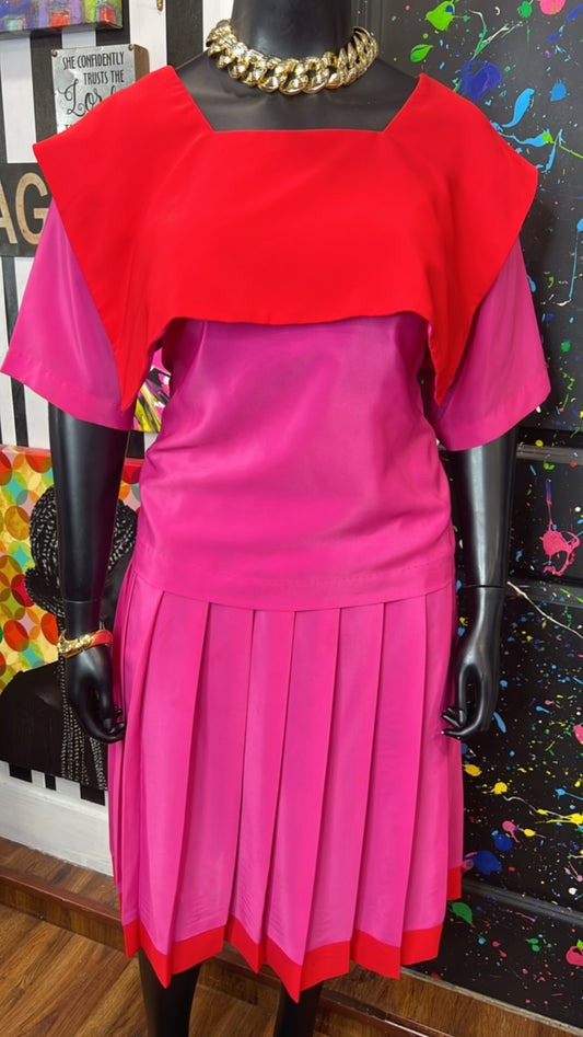 Vintage Color Block Pleated Skirt Set (22)