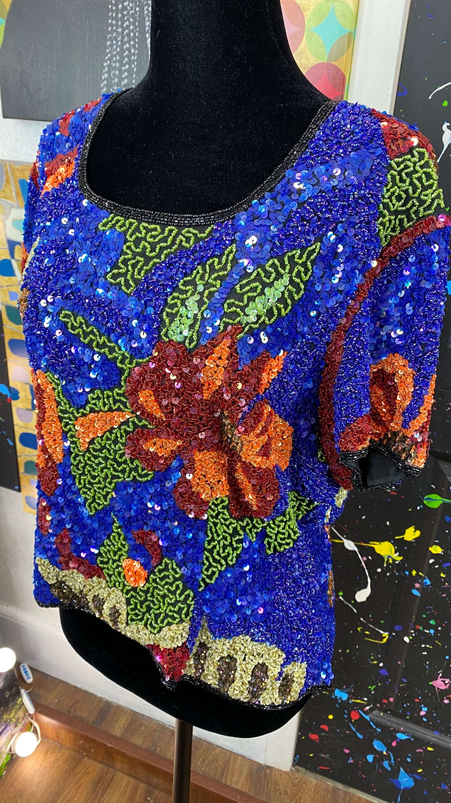 Vintage Sequins Short Sleeve Blouse
