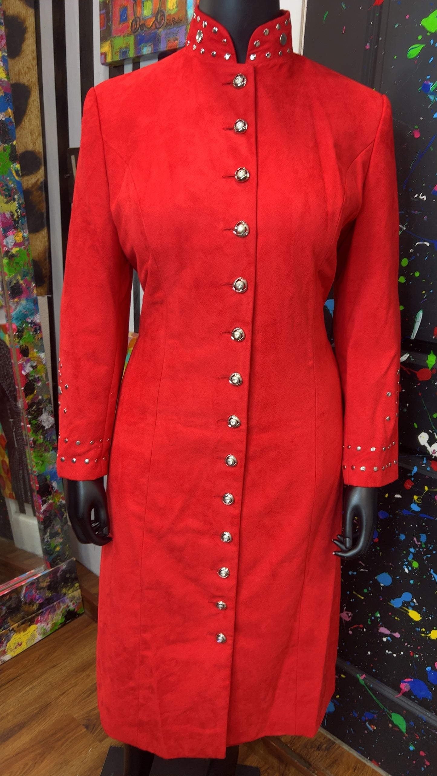 Vintage Studded Long Red Jacket & Skirt Suit (14W)