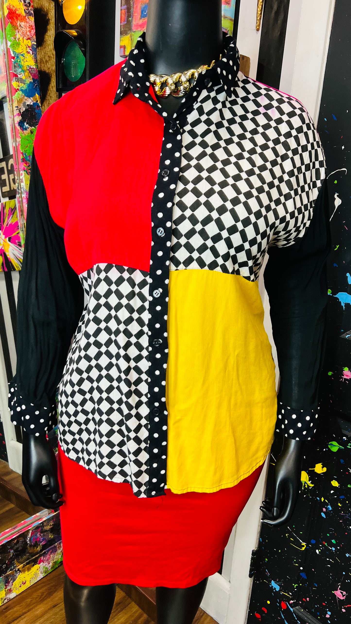 Plus Size Vintage Color Block Sheer Arms Blouse (18/20)