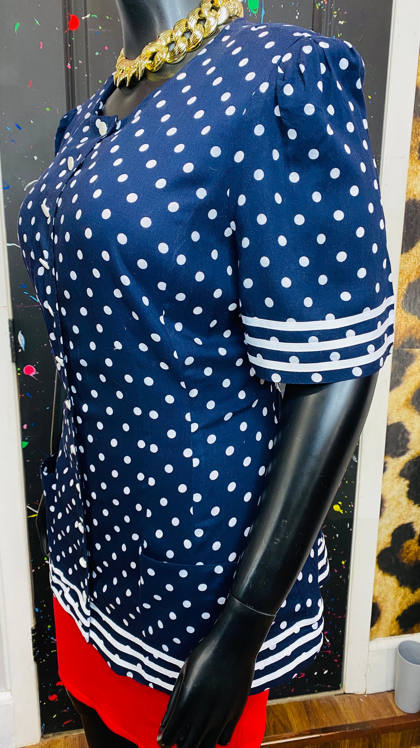Vintage Navy Blue & White Striped & Polka Dot Blouse (18)
