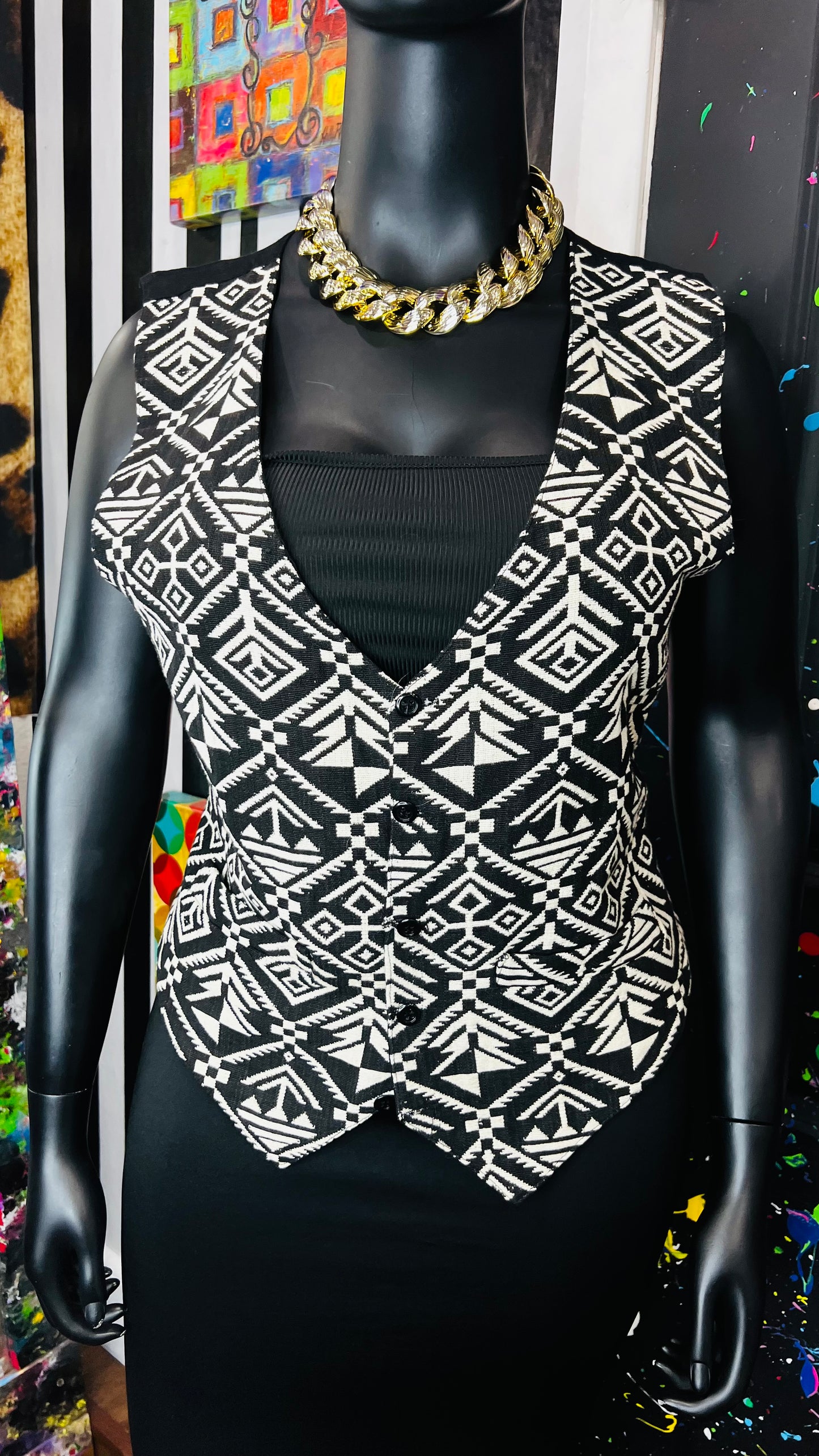 Vintage Black & White Tribal Print Vest (12)