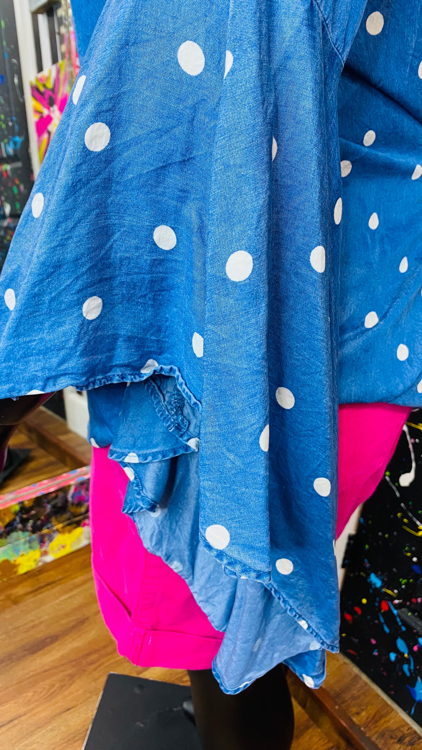 Denim & Polka Dot Exaggerated Sleeve Blouse (14)
