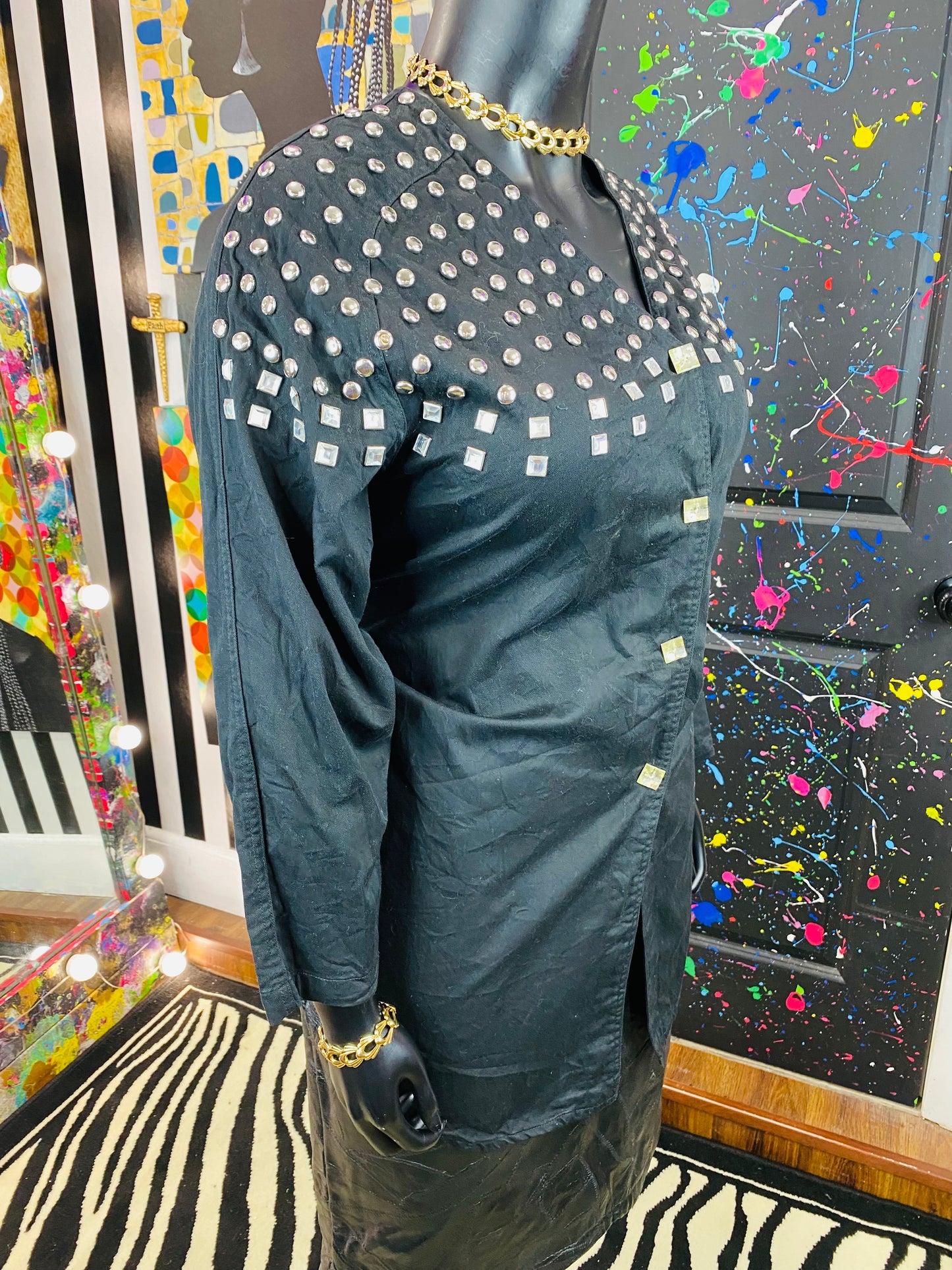 Vintage Black Silver Studded Long Sleeve Blouse