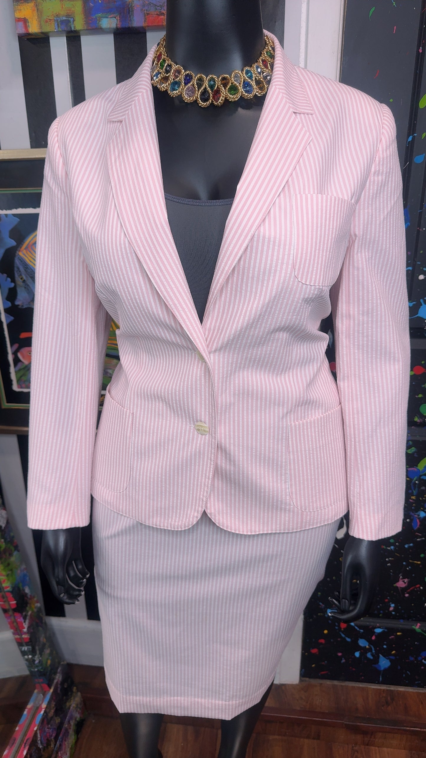Vintage Pink & White Striped Blazer & Skirt Set (18)