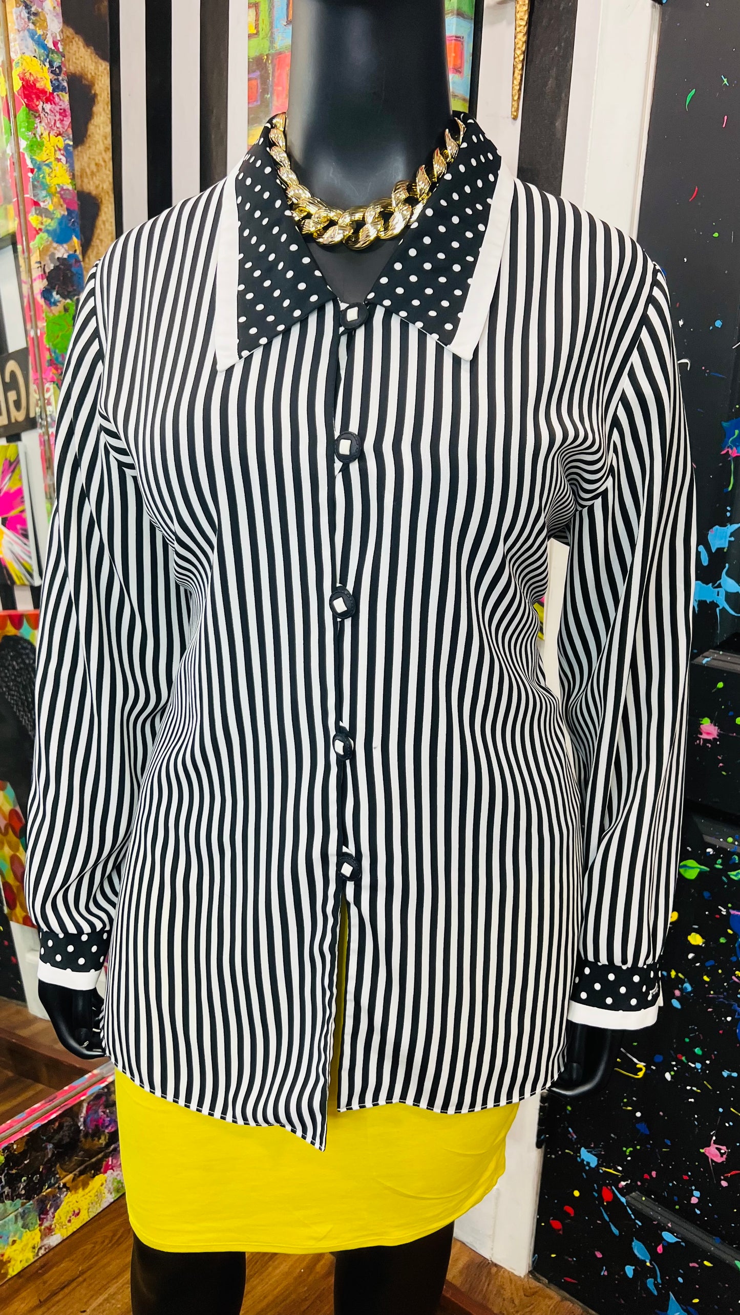 Vintage Polka Dot & Stripes Blouse - Black & White (18)