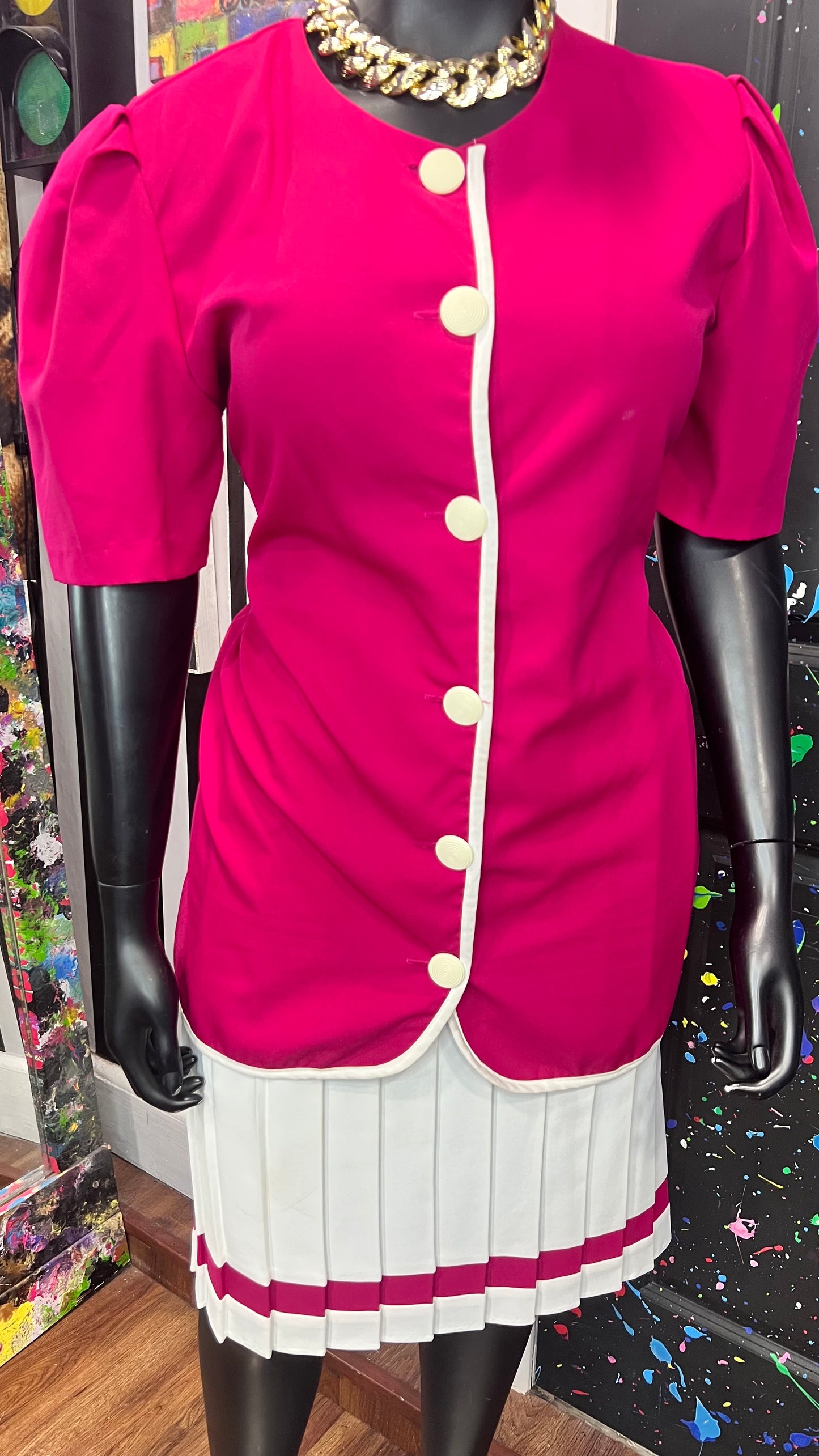 Vintage Pink & White Pleated Skirt Set (18)